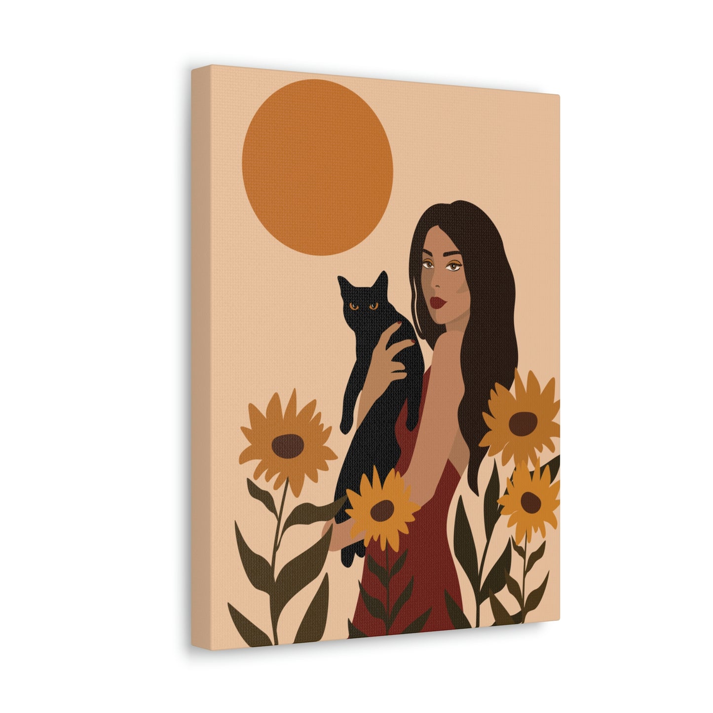 Woman with Black Cat Mininal Sunflowers Aesthetic Art Canvas Gallery Wraps