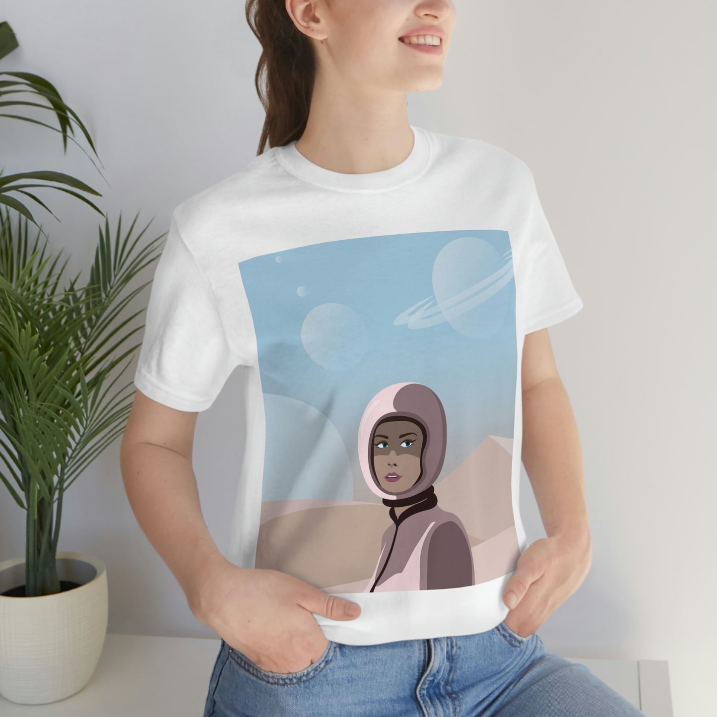Astronaut Woman Aliens Minimal Art Aesthetic Unisex Jersey Short Sleeve T-Shirt