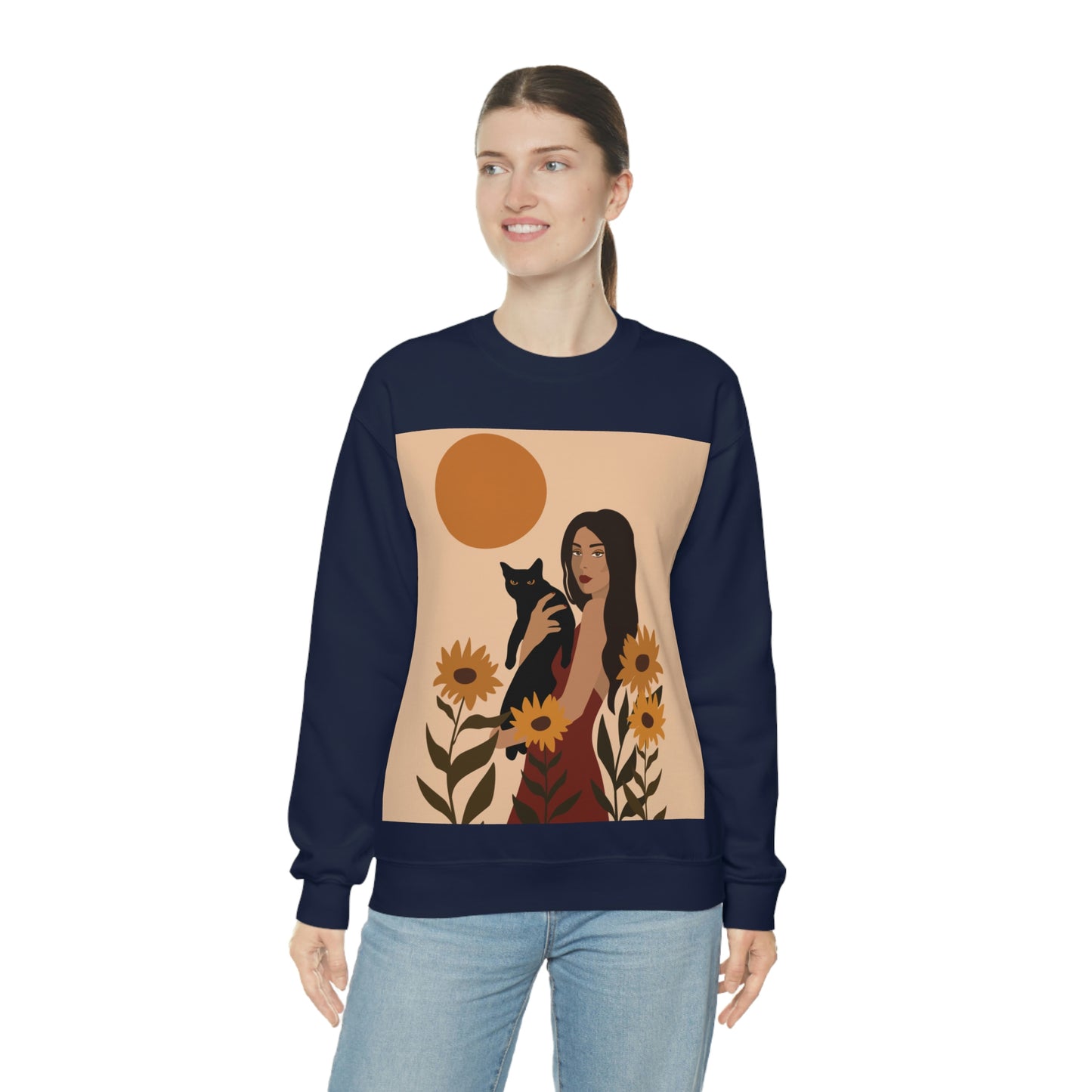 Woman with Black Cat Mininal Sunflowers Aesthetic Art Unisex Heavy Blend™ Crewneck Sweatshirt