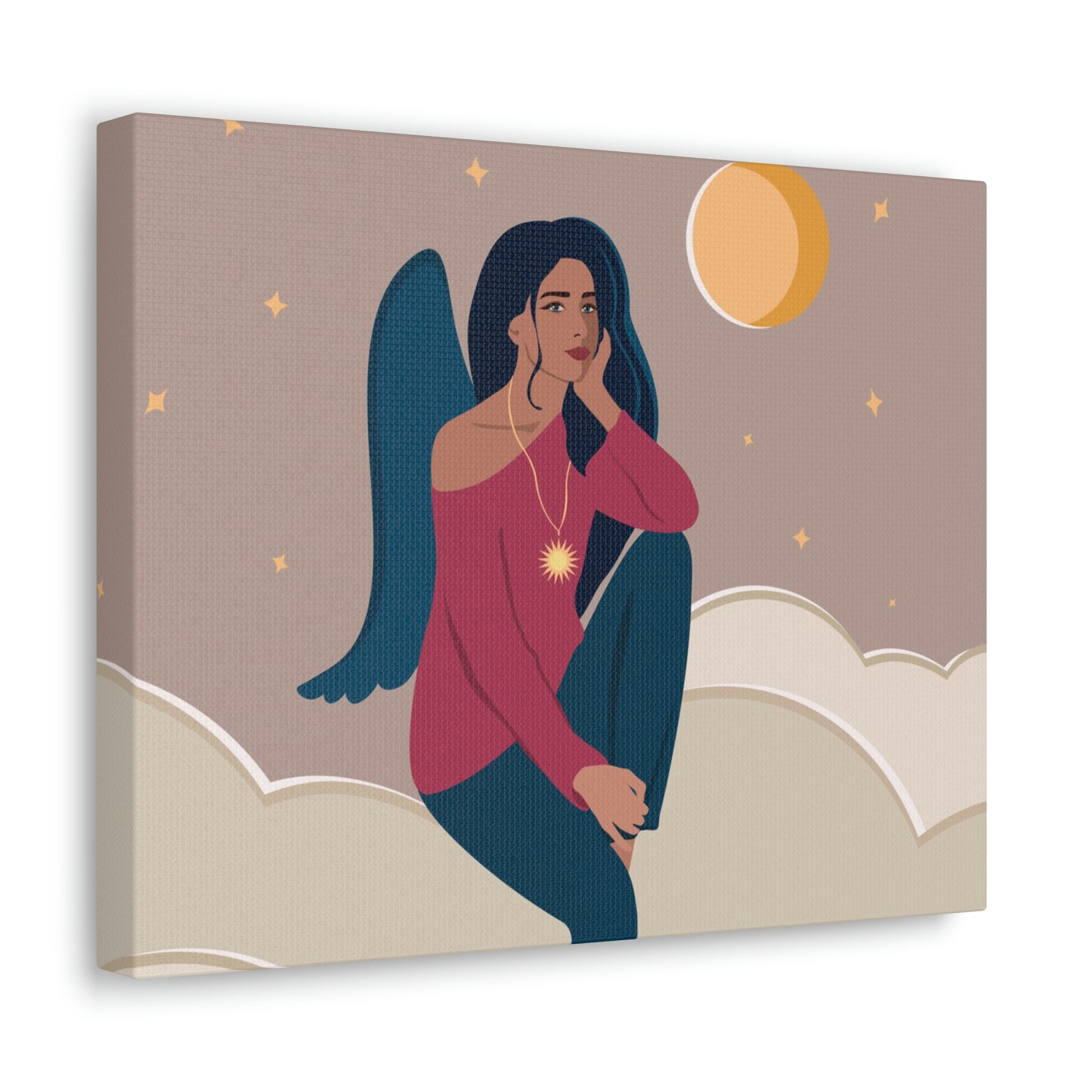 Women Angel Portrait Sitting On Clouds Cartoon Art Canvas Gallery Wraps