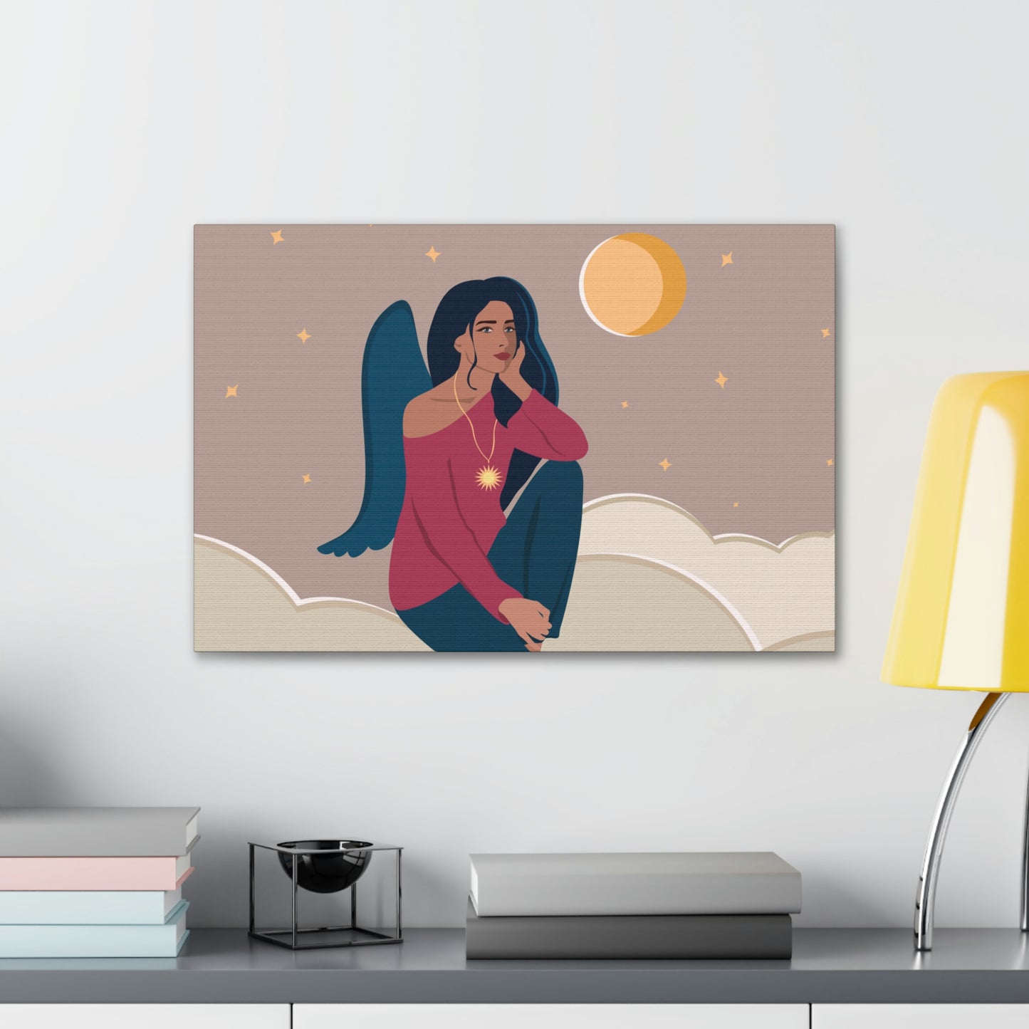 Women Angel Portrait Sitting On Clouds Cartoon Art Canvas Gallery Wraps