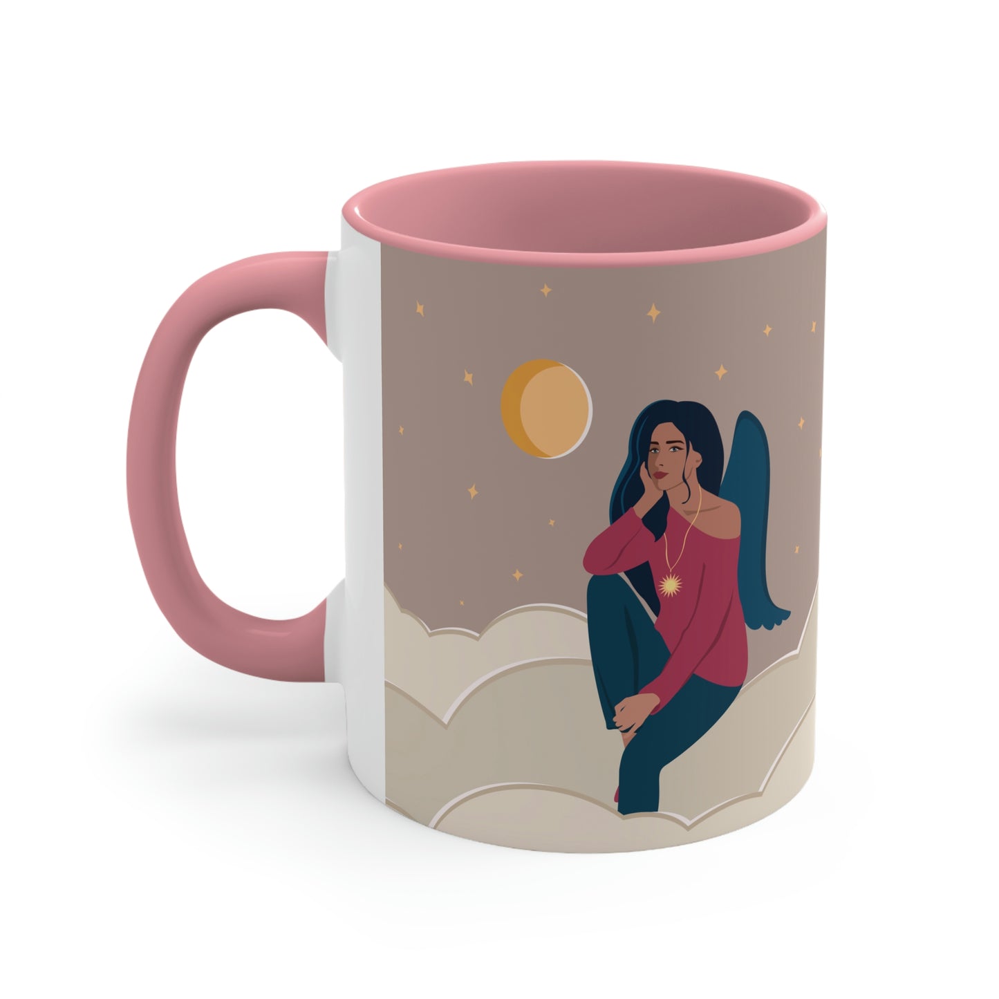 Women Angel Portrait Sitting On Clouds Cartoon Art Accent Coffee Mug 11oz