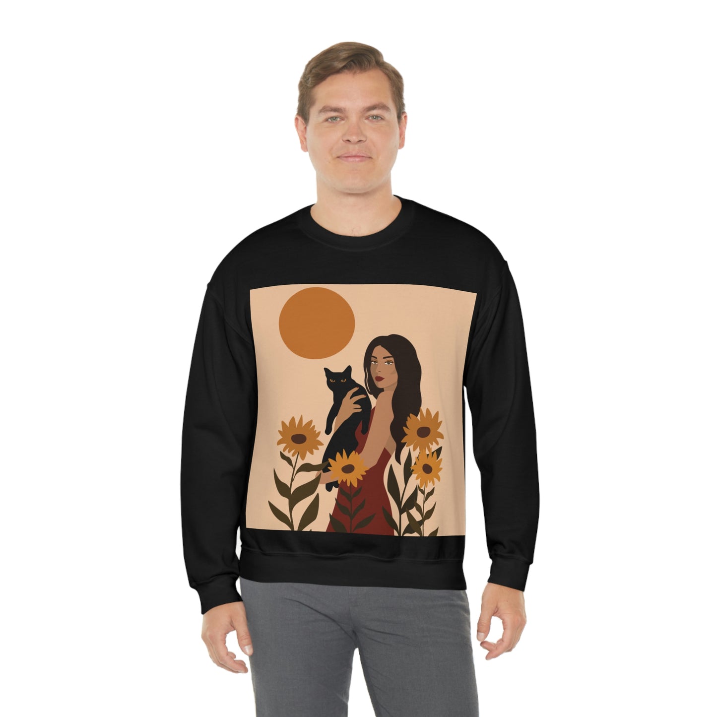 Woman with Black Cat Mininal Sunflowers Aesthetic Art Unisex Heavy Blend™ Crewneck Sweatshirt