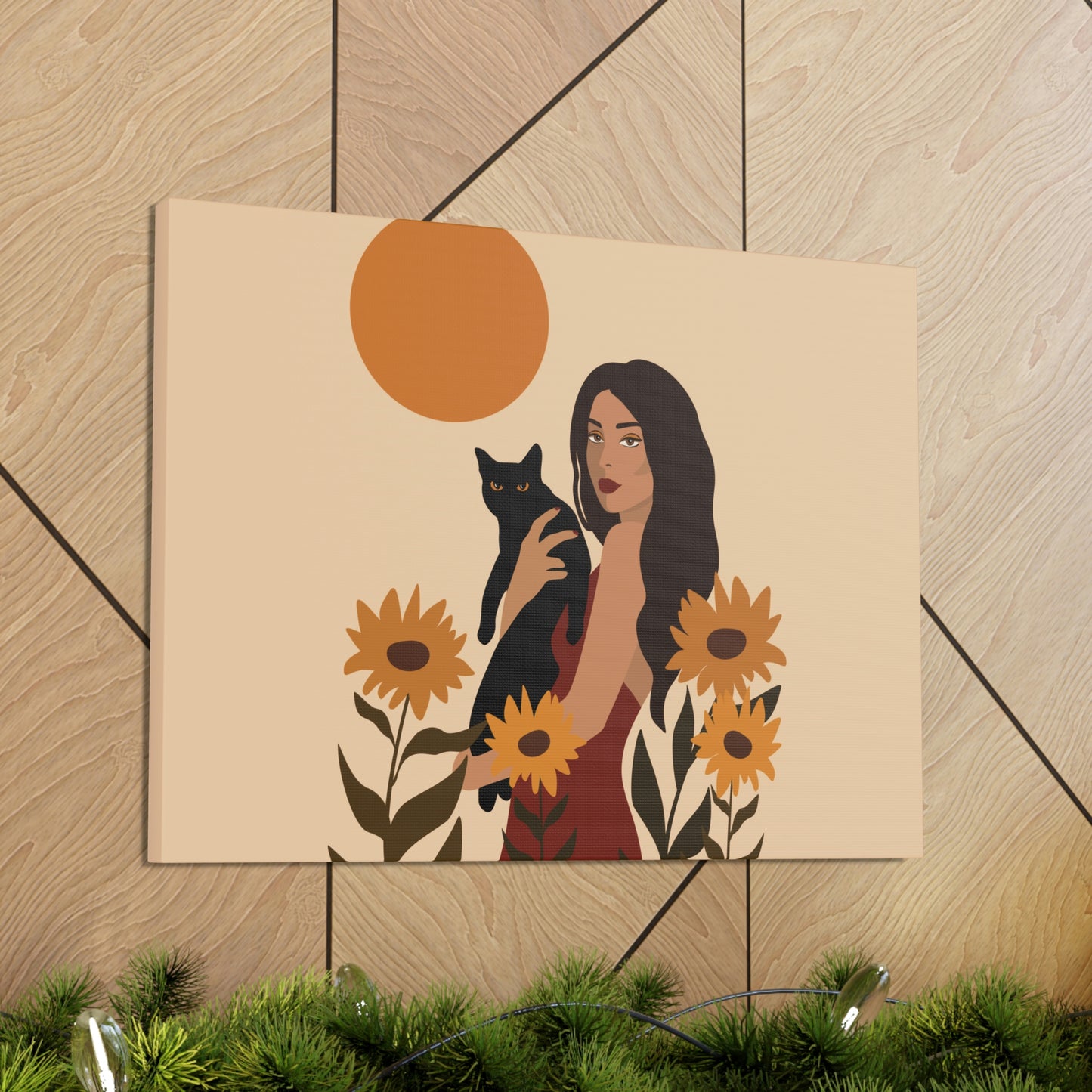 Woman with Black Cat Mininal Sunflowers Aesthetic Art Canvas Gallery Wraps