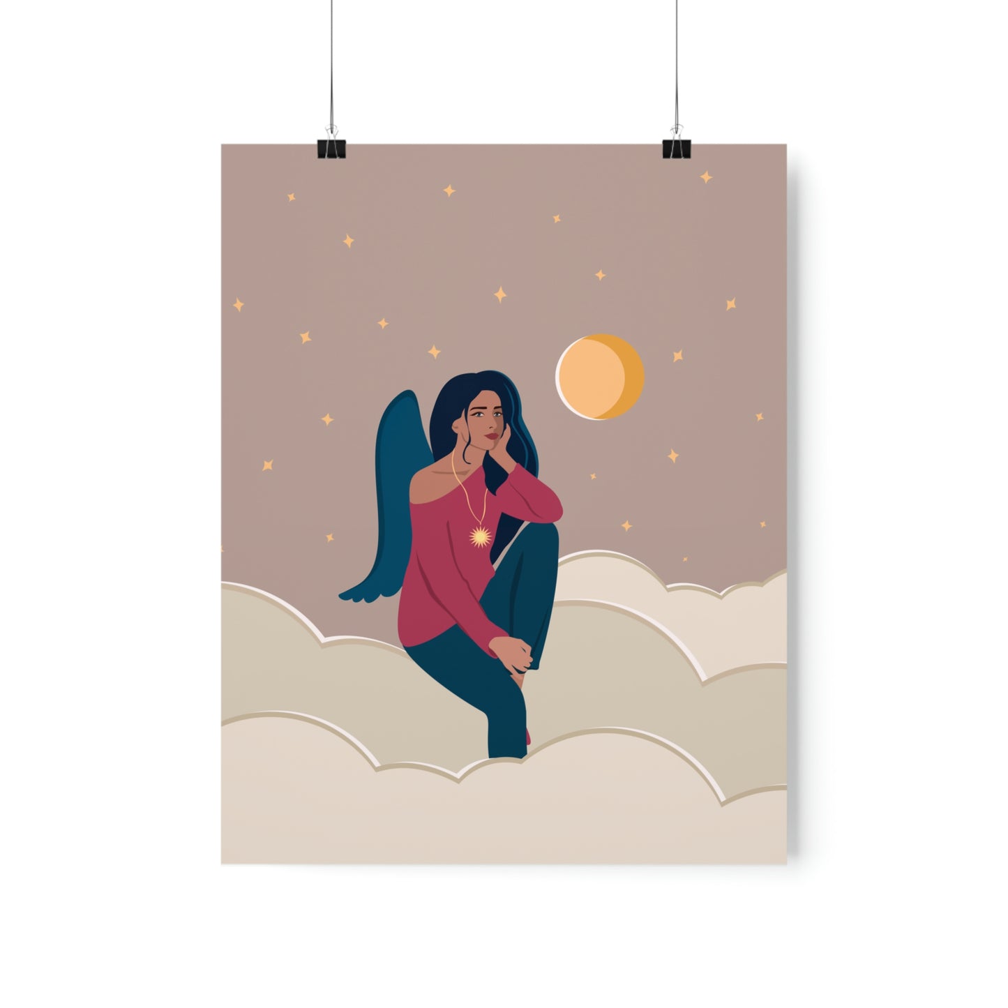 Women Angel Portrait Sitting On Clouds Cartoon Art Classic Premium Matte Vertical Posters