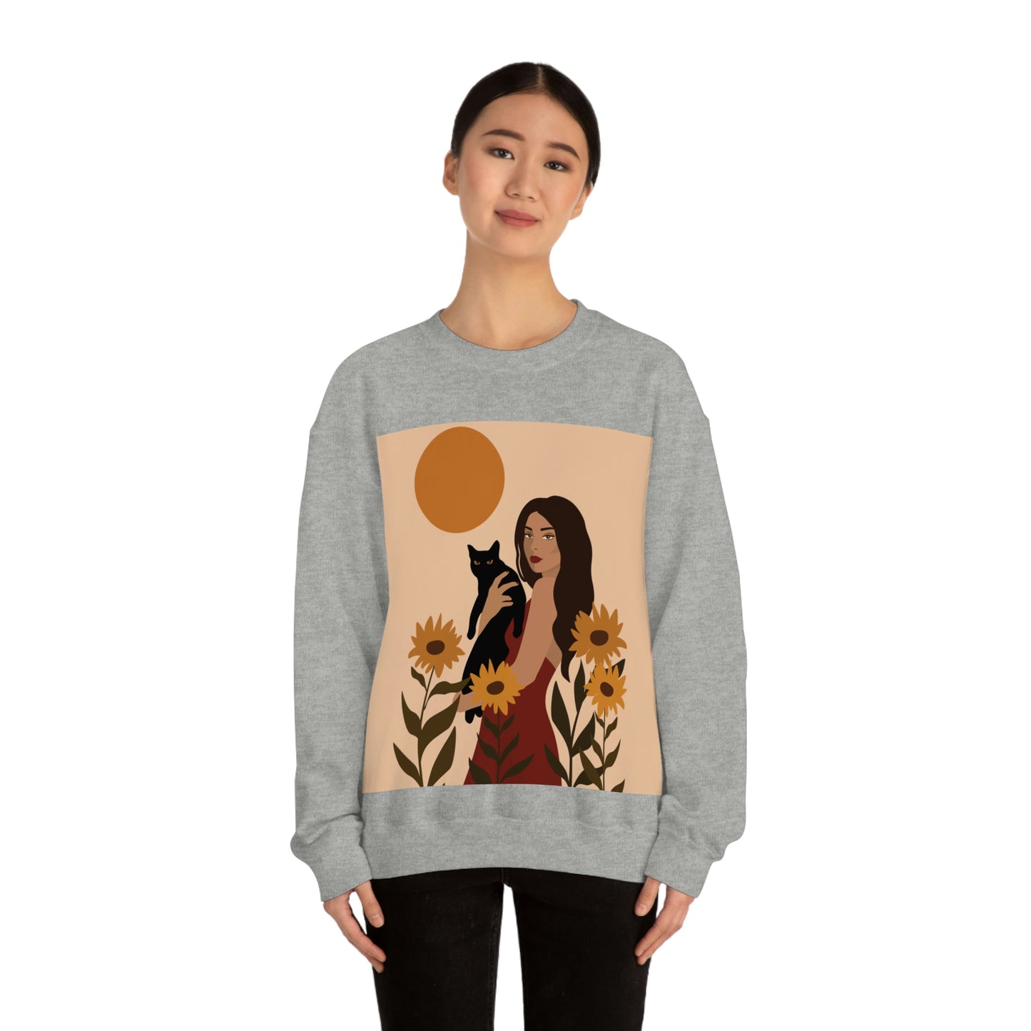 Woman with Black Cat Mininal Sunflowers Aesthetic Art Unisex Heavy Blend™ Crewneck Sweatshirt