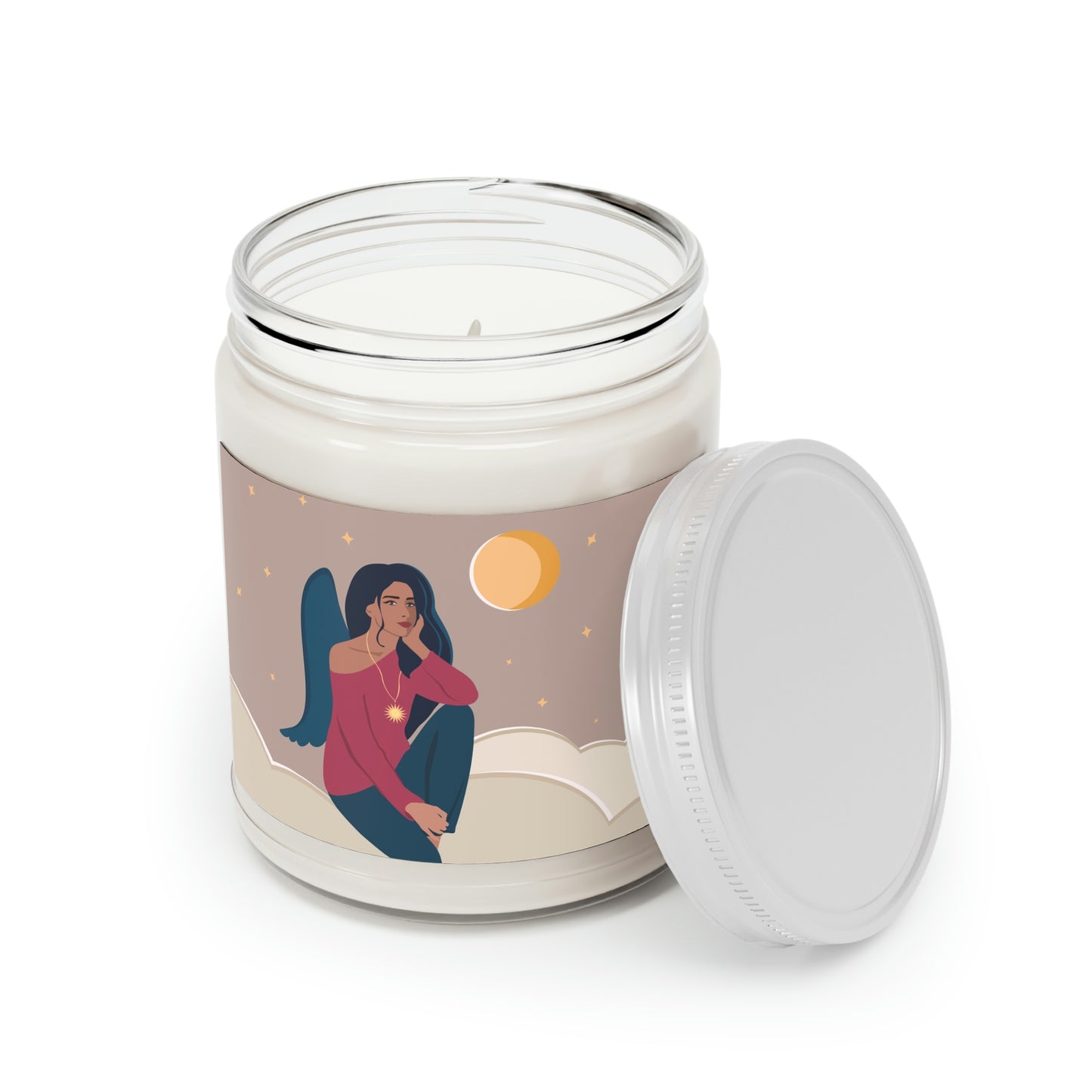 Women Angel Portrait Sitting On Clouds Cartoon Art Scented Candle Up to 60hSoy Wax 9oz