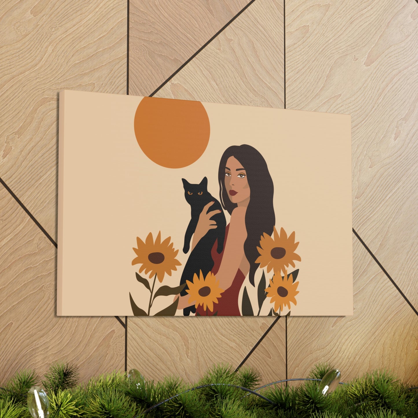 Woman with Black Cat Mininal Sunflowers Aesthetic Art Canvas Gallery Wraps