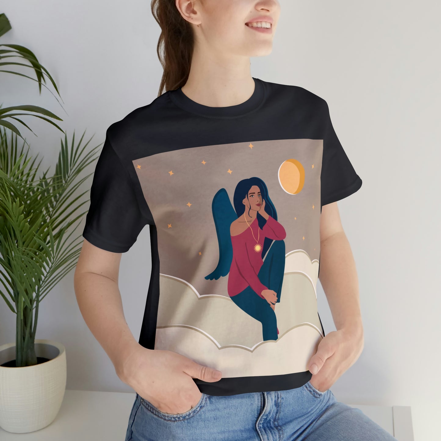 Women Angel Portrait Sitting On Clouds Cartoon Art Unisex Jersey Short Sleeve T-Shirt