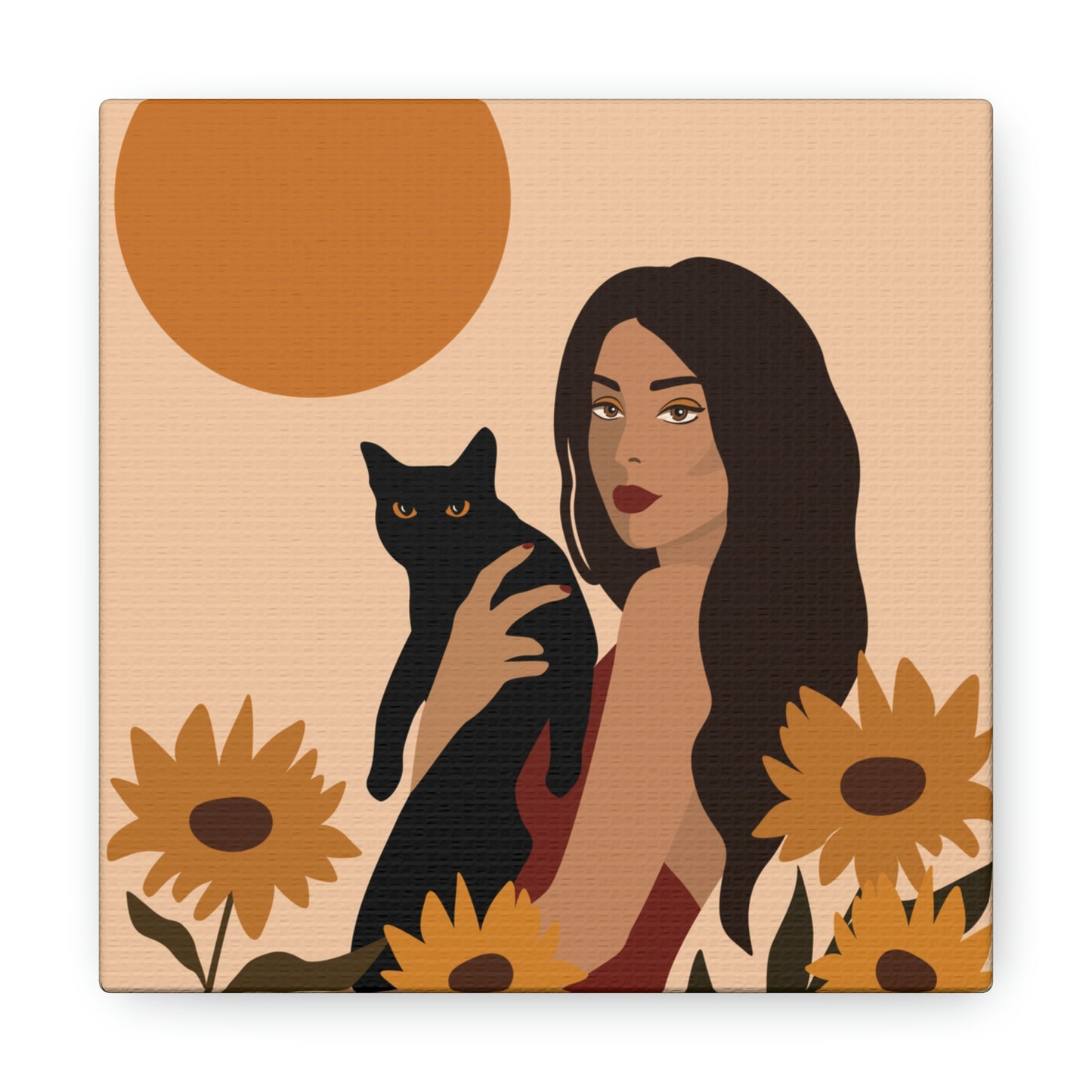 Woman with Black Cat Mininal Sunflowers Aesthetic Art Canvas Gallery Wraps