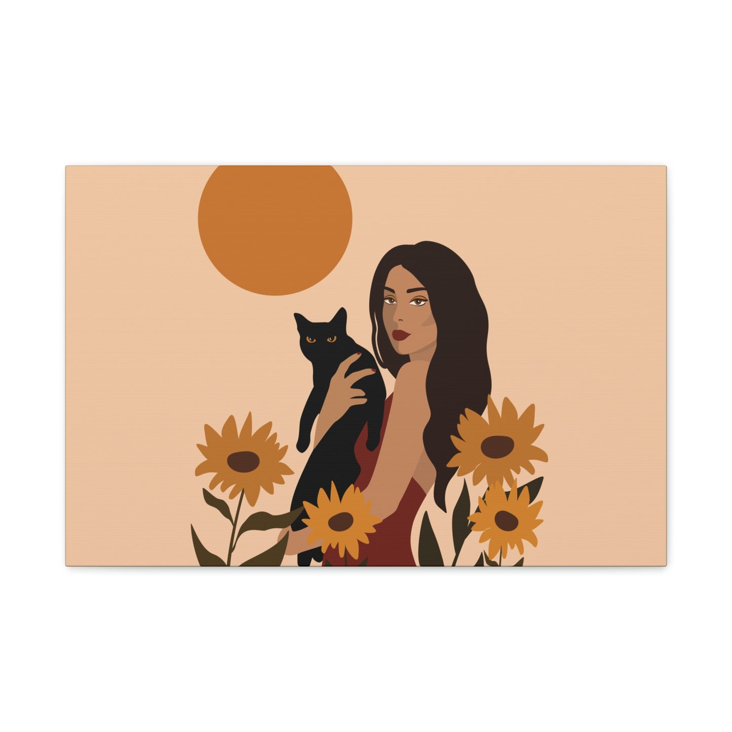 Woman with Black Cat Mininal Sunflowers Aesthetic Art Canvas Gallery Wraps