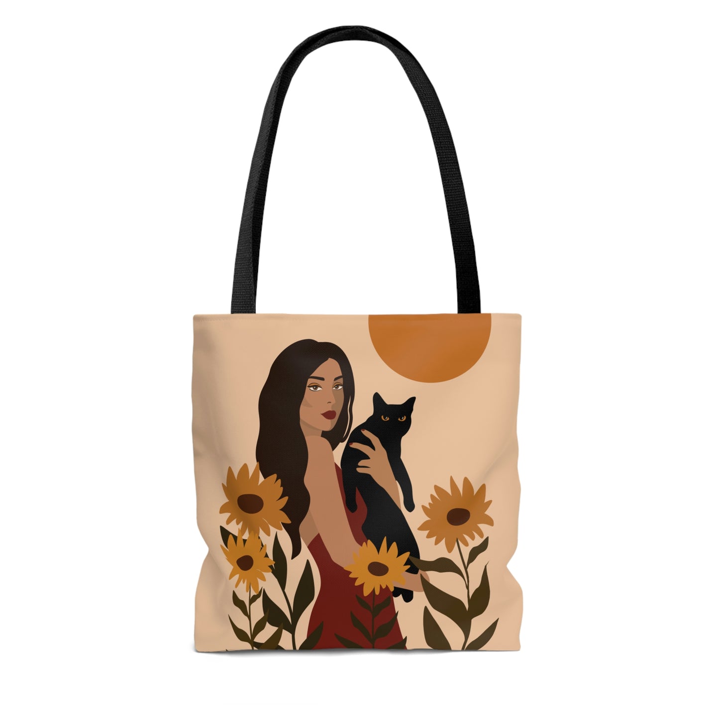 Woman with Black Cat Mininal Sunflowers Aesthetic Art AOP Tote Bag