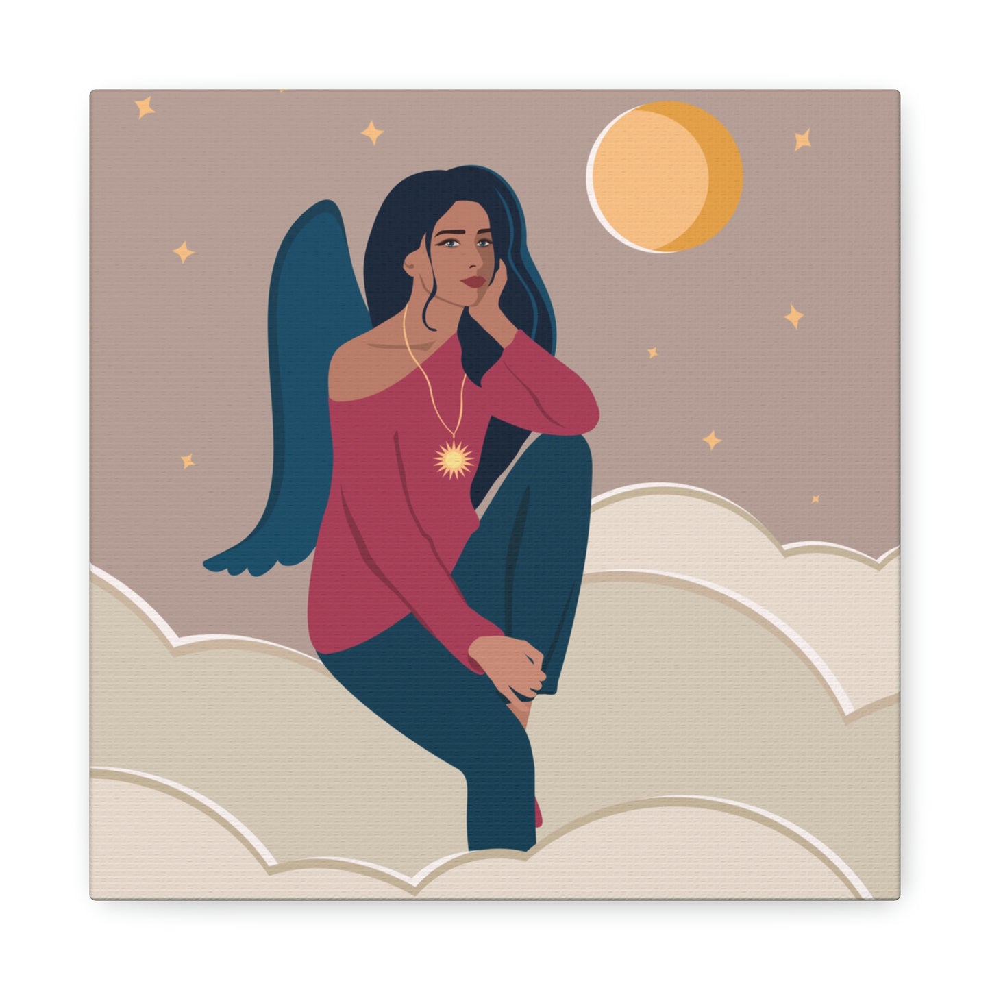 Women Angel Portrait Sitting On Clouds Cartoon Art Canvas Gallery Wraps