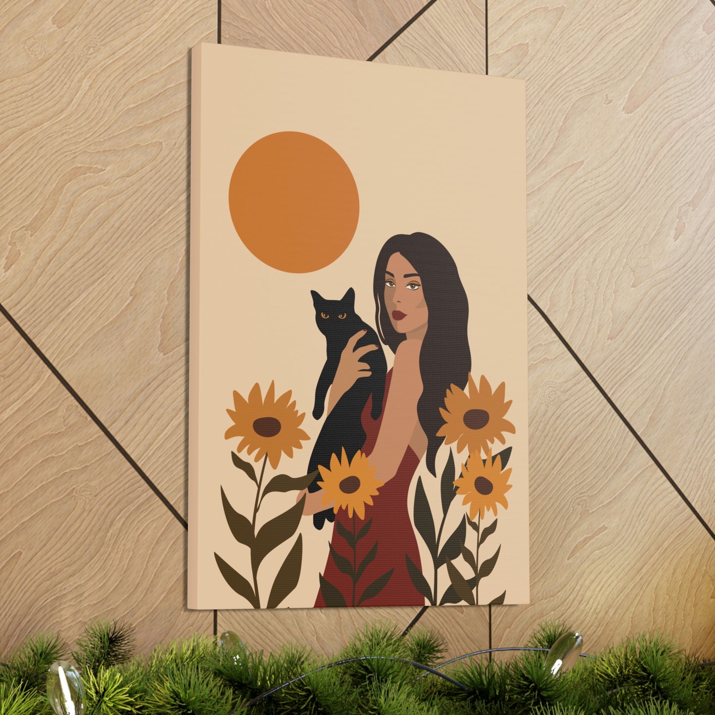 Woman with Black Cat Mininal Sunflowers Aesthetic Art Canvas Gallery Wraps