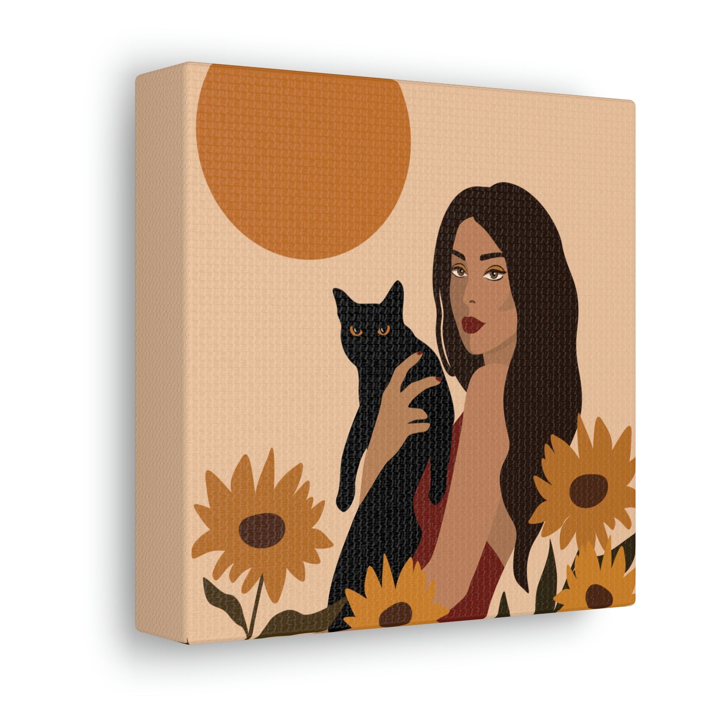 Woman with Black Cat Mininal Sunflowers Aesthetic Art Canvas Gallery Wraps