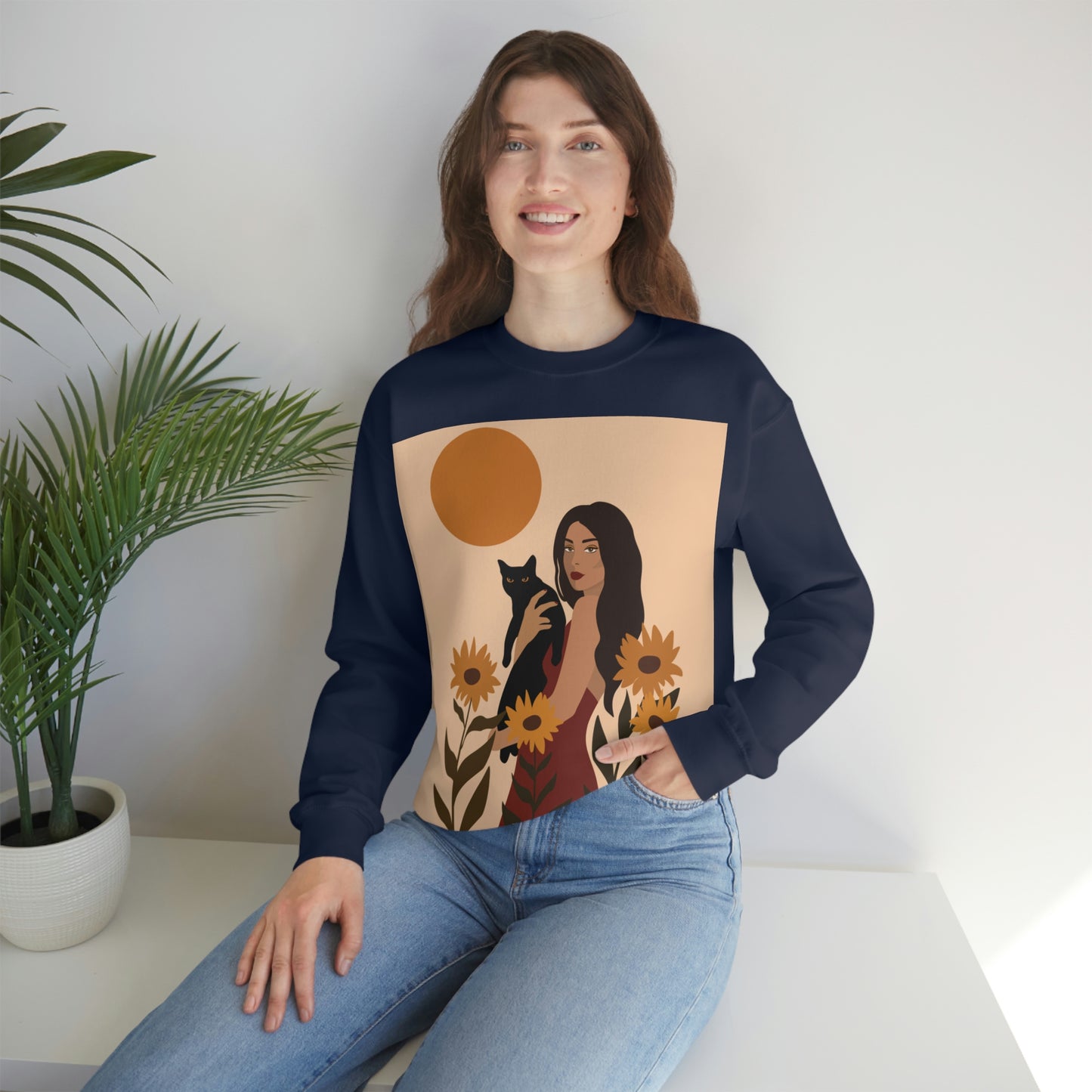 Woman with Black Cat Mininal Sunflowers Aesthetic Art Unisex Heavy Blend™ Crewneck Sweatshirt