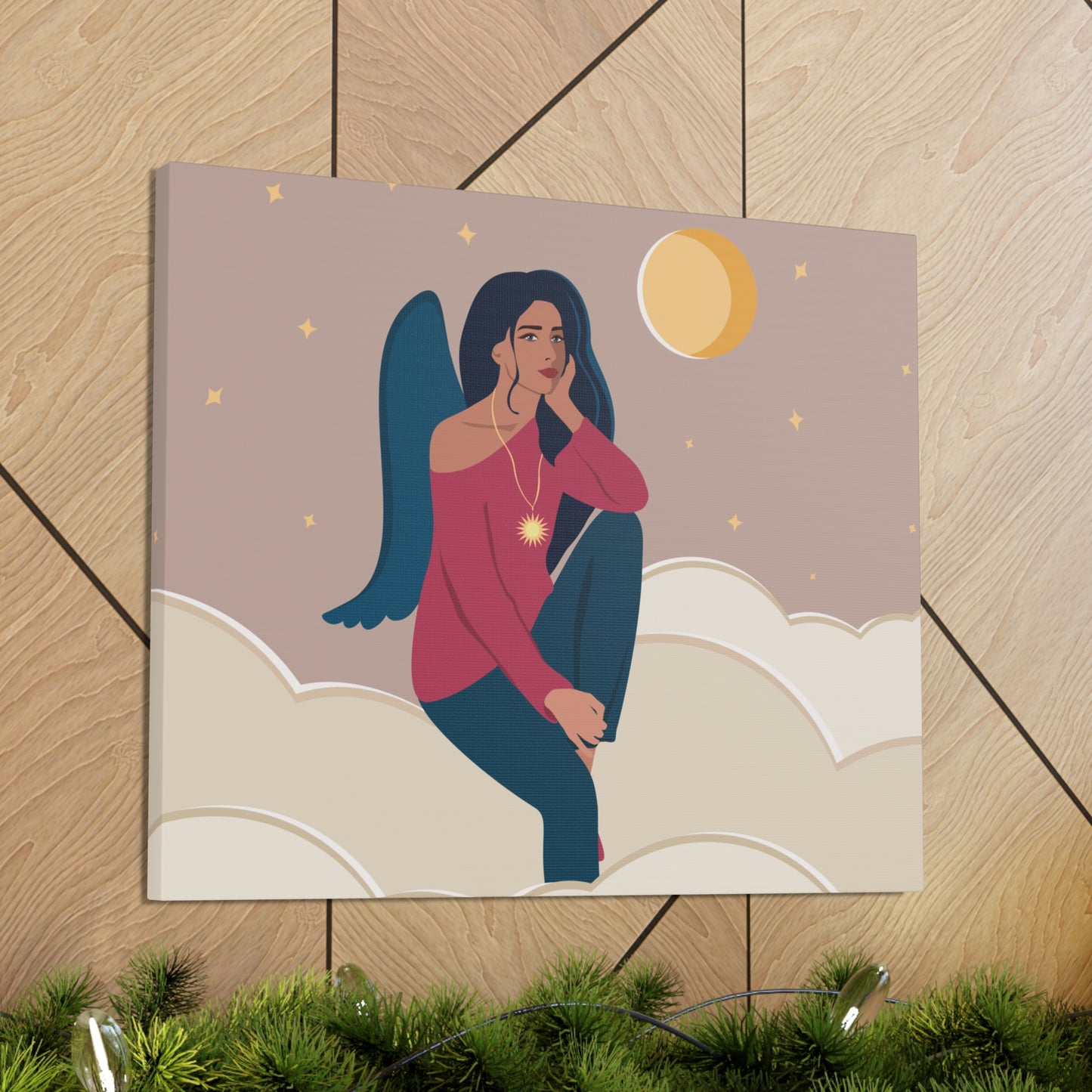 Women Angel Portrait Sitting On Clouds Cartoon Art Canvas Gallery Wraps