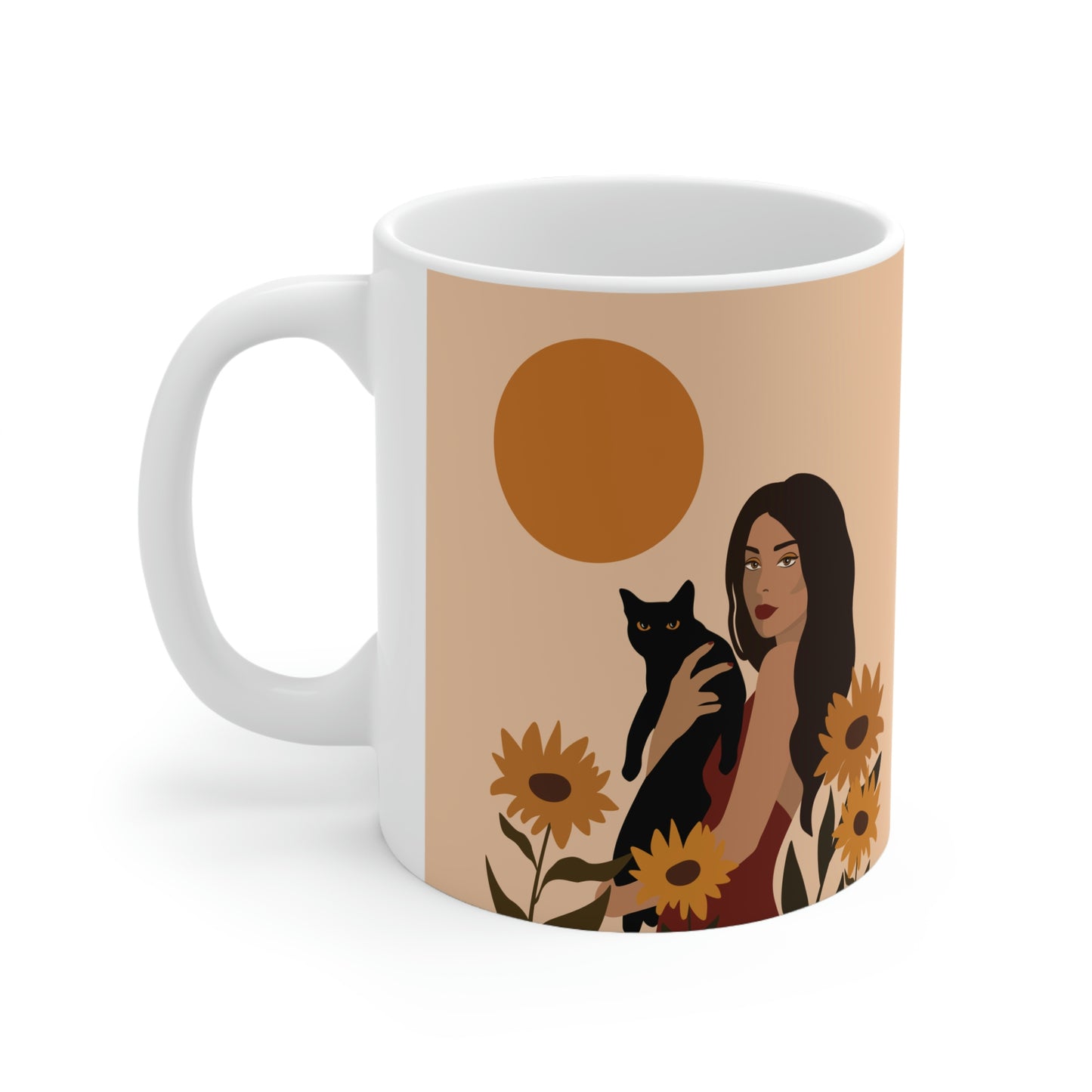 Woman with Black Cat Mininal Sunflowers Aesthetic Art Ceramic Mug 11oz