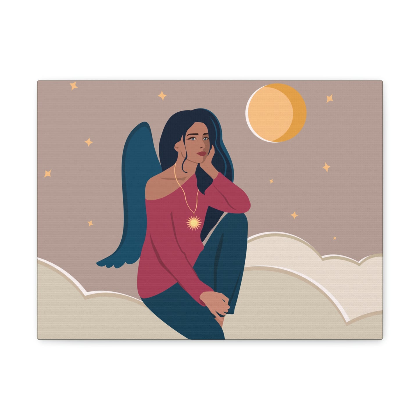 Women Angel Portrait Sitting On Clouds Cartoon Art Canvas Gallery Wraps