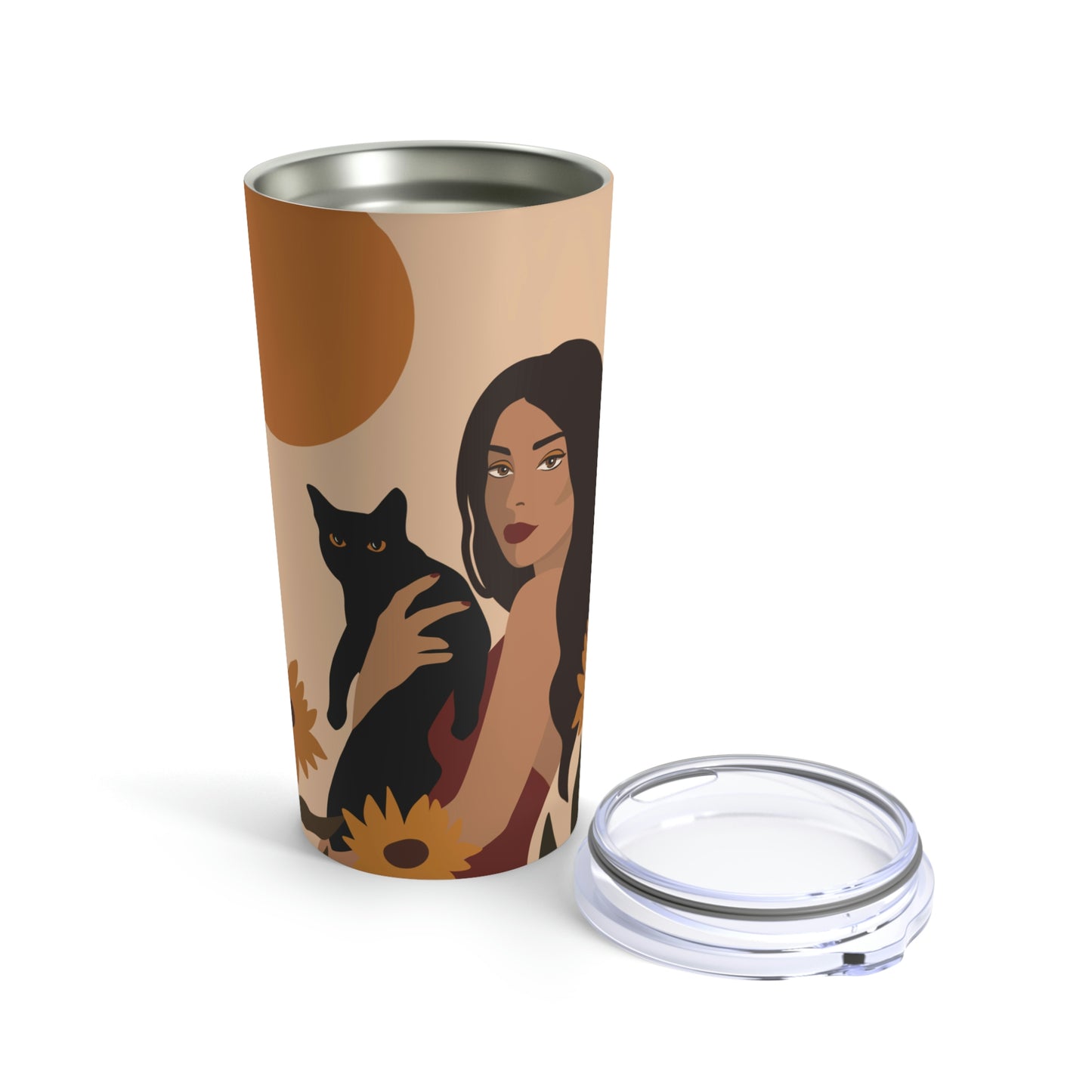 Woman with Black Cat Mininal Sunflowers Aesthetic Art Stainless Steel Hot or Cold Vacuum Tumbler 20oz