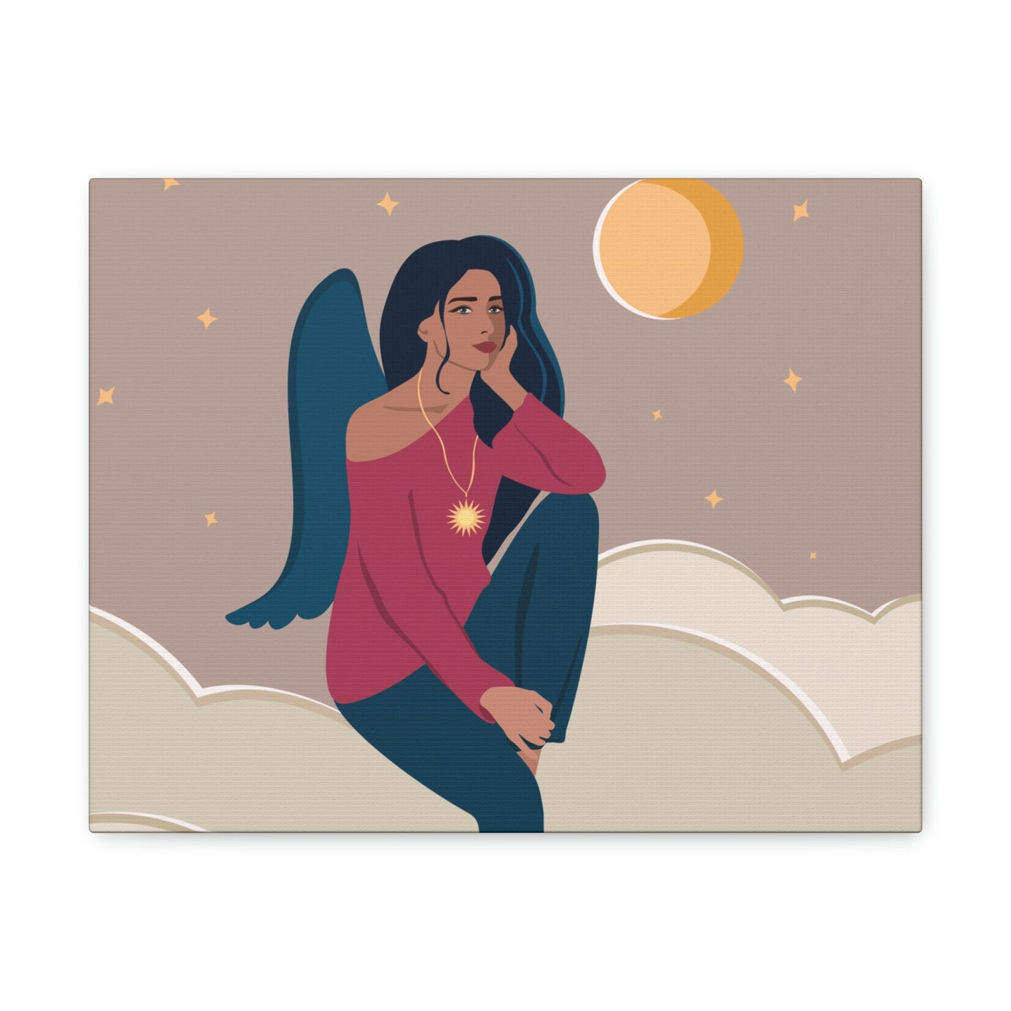 Women Angel Portrait Sitting On Clouds Cartoon Art Canvas Gallery Wraps