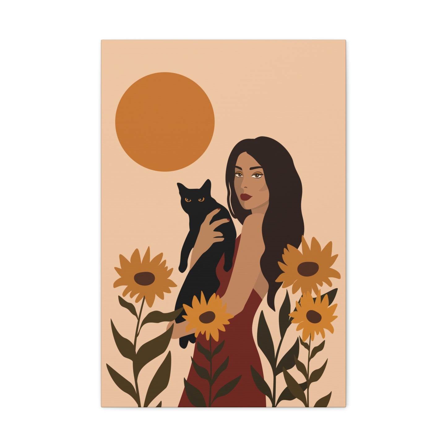 Woman with Black Cat Mininal Sunflowers Aesthetic Art Canvas Gallery Wraps