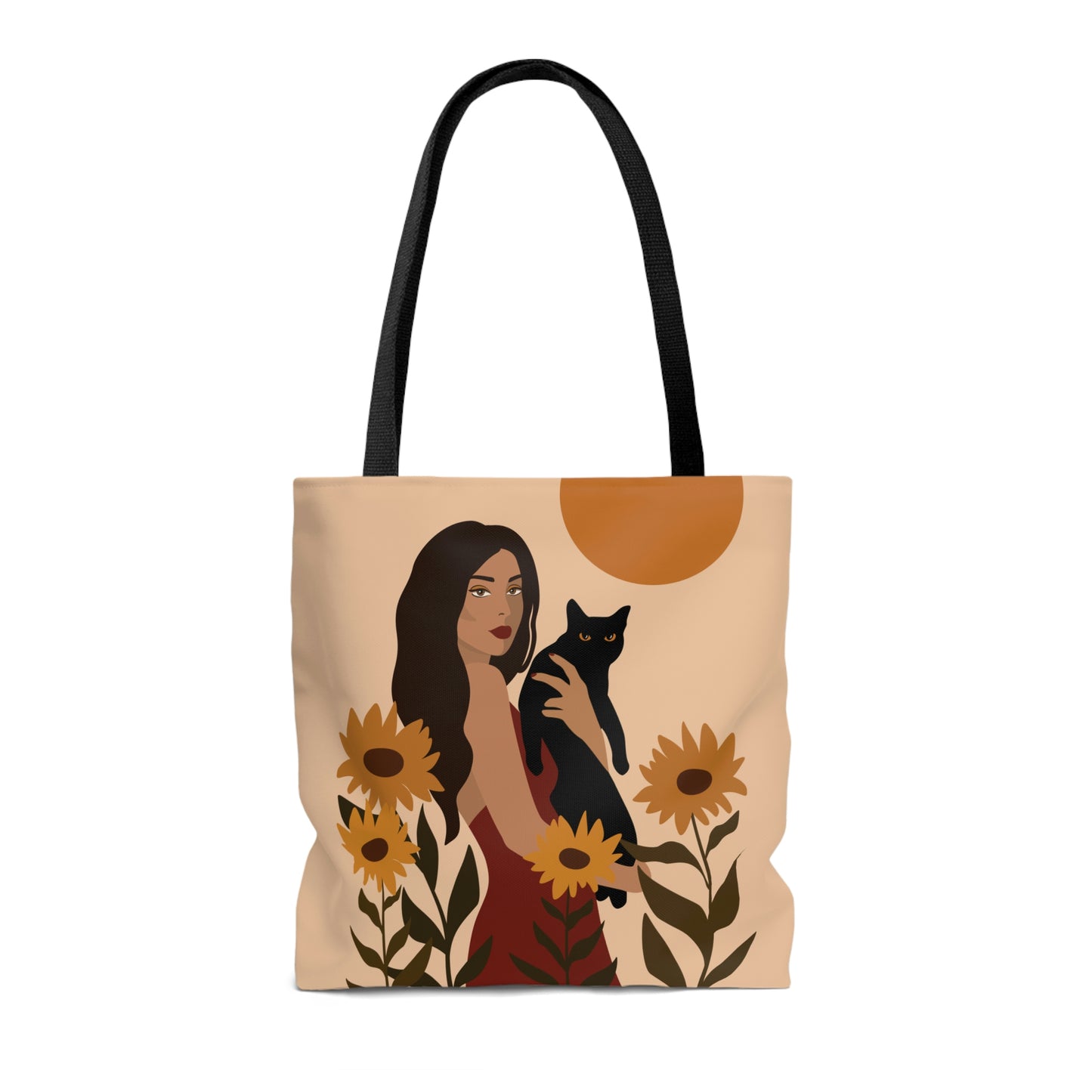 Woman with Black Cat Mininal Sunflowers Aesthetic Art AOP Tote Bag