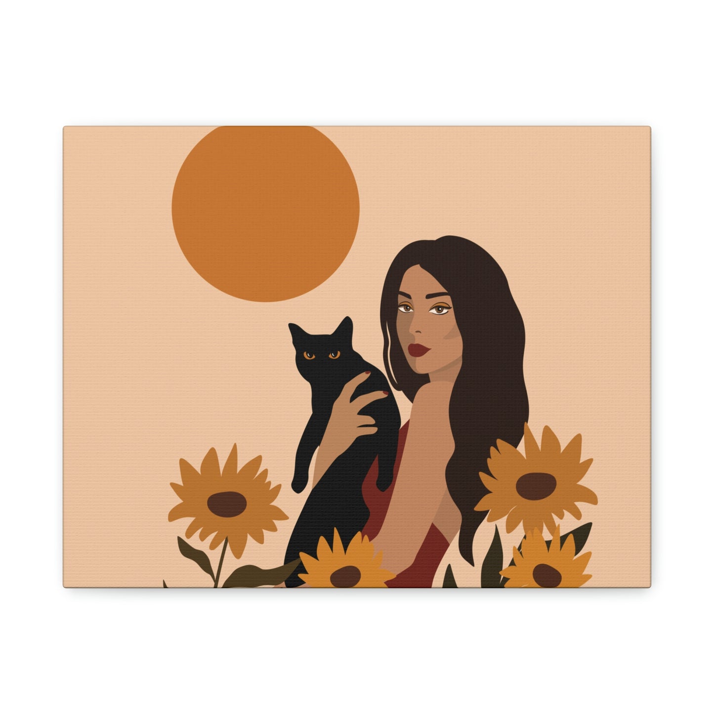 Woman with Black Cat Mininal Sunflowers Aesthetic Art Canvas Gallery Wraps