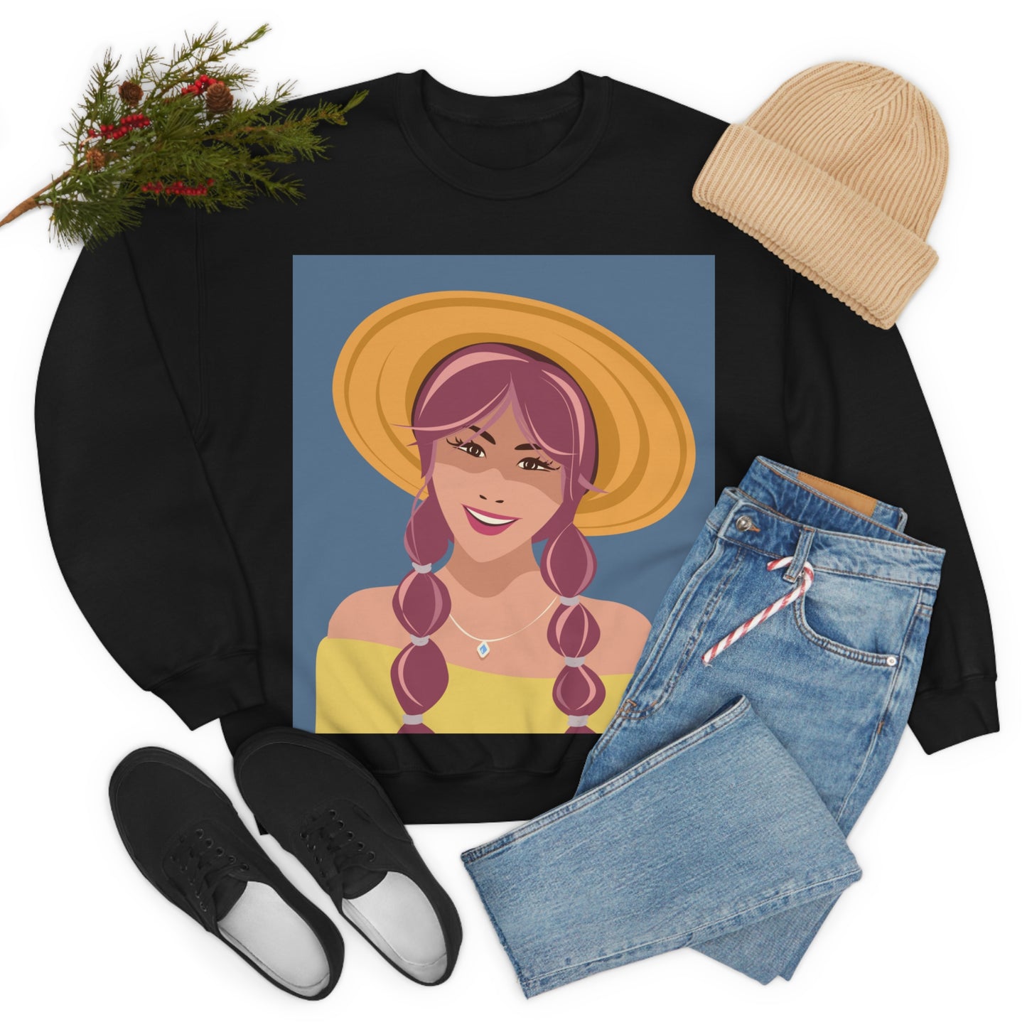 Happy Woman with Rose Hair Aesthetic Art Unisex Heavy Blend™ Crewneck Sweatshirt