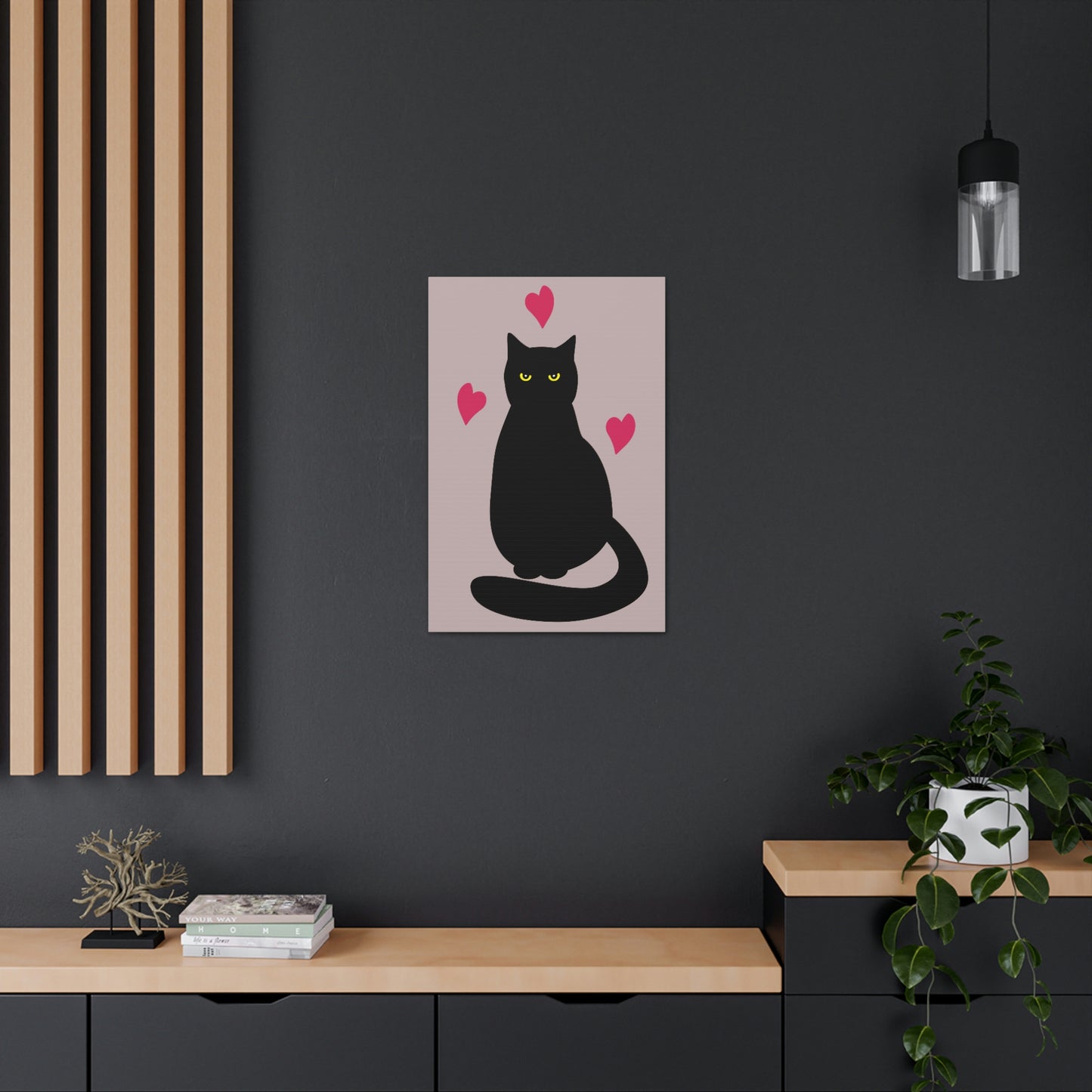 Black Cat with Heart Love Aesthetic Classic Art Canvas Gallery Wraps