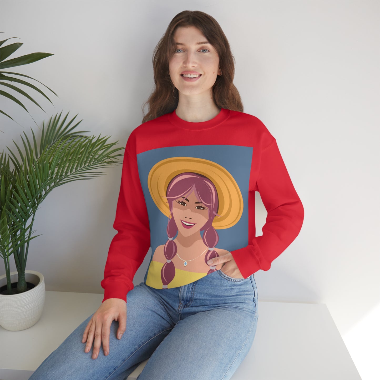 Happy Woman with Rose Hair Aesthetic Art Unisex Heavy Blend™ Crewneck Sweatshirt