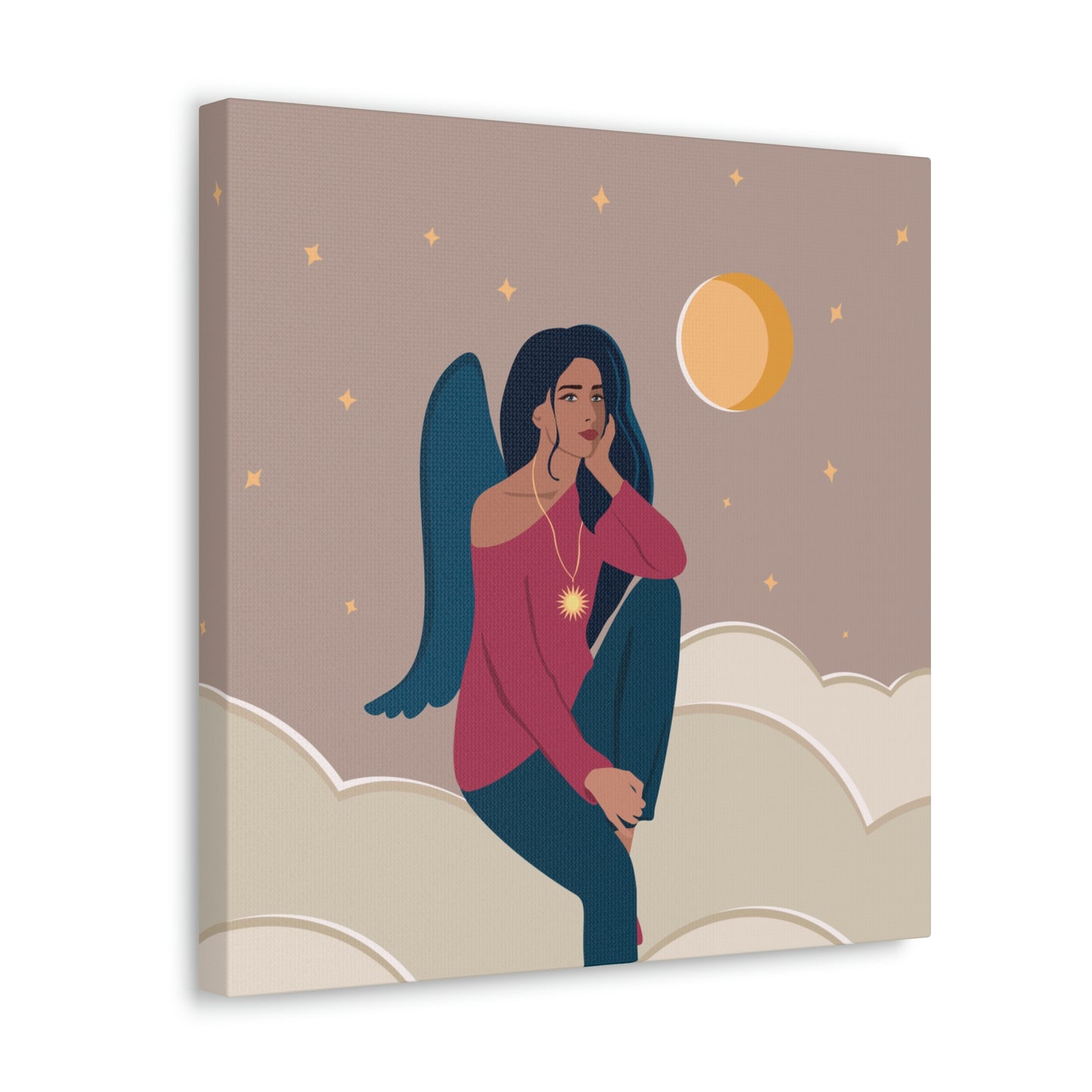 Women Angel Portrait Sitting On Clouds Cartoon Art Canvas Gallery Wraps