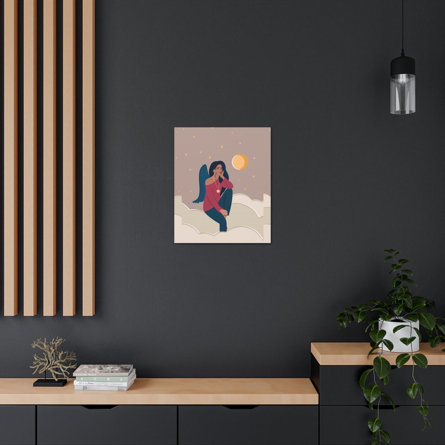 Women Angel Portrait Sitting On Clouds Cartoon Art Canvas Gallery Wraps