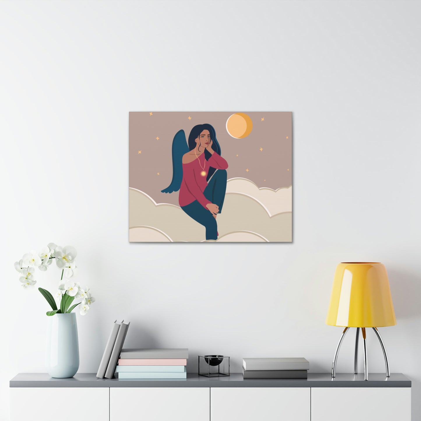 Women Angel Portrait Sitting On Clouds Cartoon Art Canvas Gallery Wraps