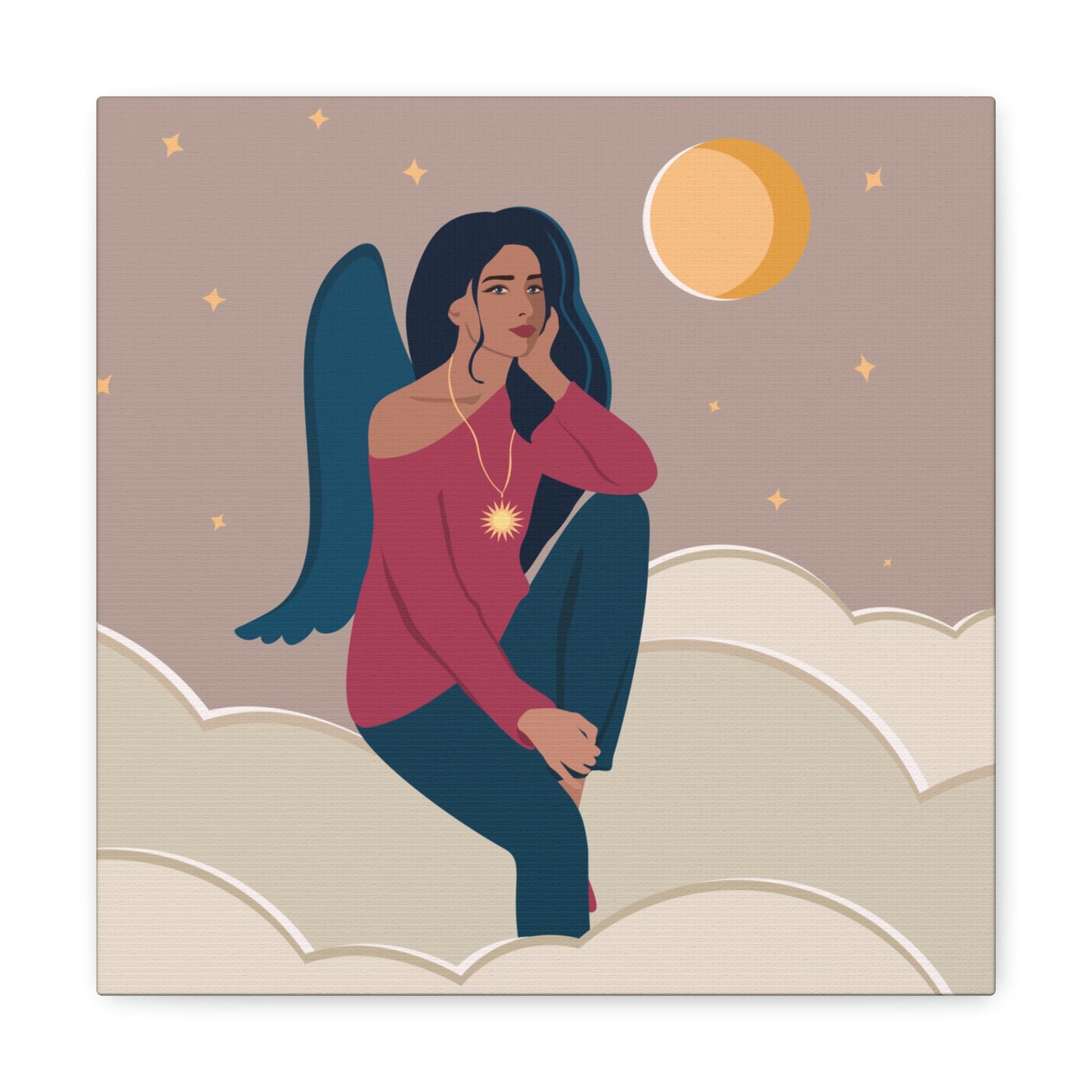 Women Angel Portrait Sitting On Clouds Cartoon Art Canvas Gallery Wraps