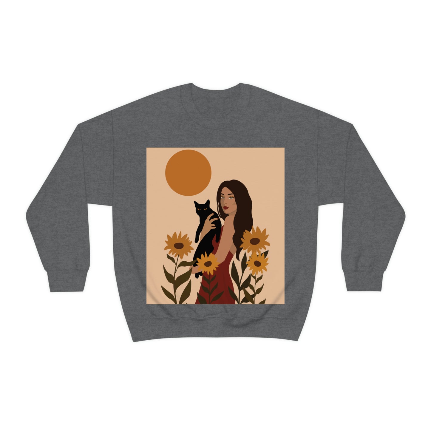 Woman with Black Cat Mininal Sunflowers Aesthetic Art Unisex Heavy Blend™ Crewneck Sweatshirt