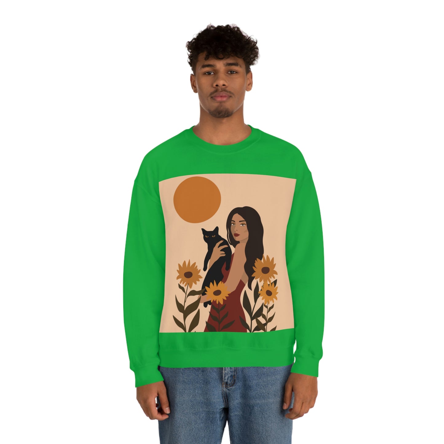 Woman with Black Cat Mininal Sunflowers Aesthetic Art Unisex Heavy Blend™ Crewneck Sweatshirt