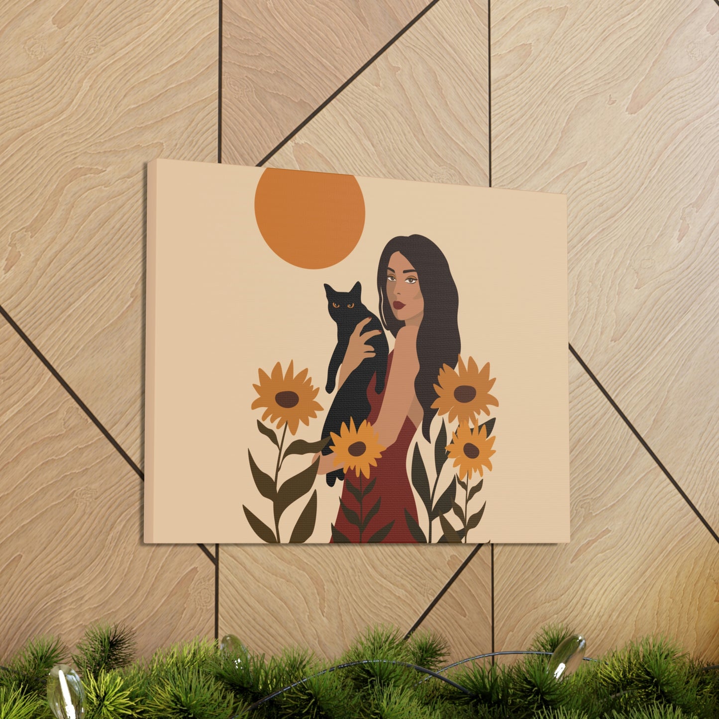 Woman with Black Cat Mininal Sunflowers Aesthetic Art Canvas Gallery Wraps