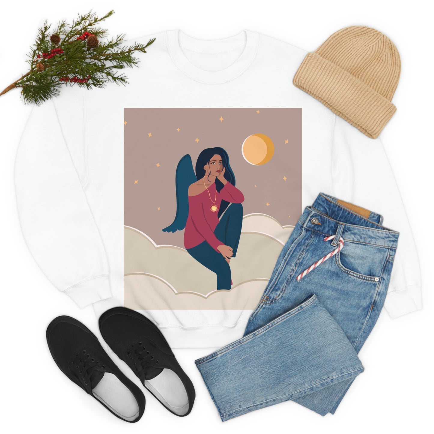 Women Angel Portrait Sitting On Clouds Cartoon Art Unisex Heavy Blend™ Crewneck Sweatshirt