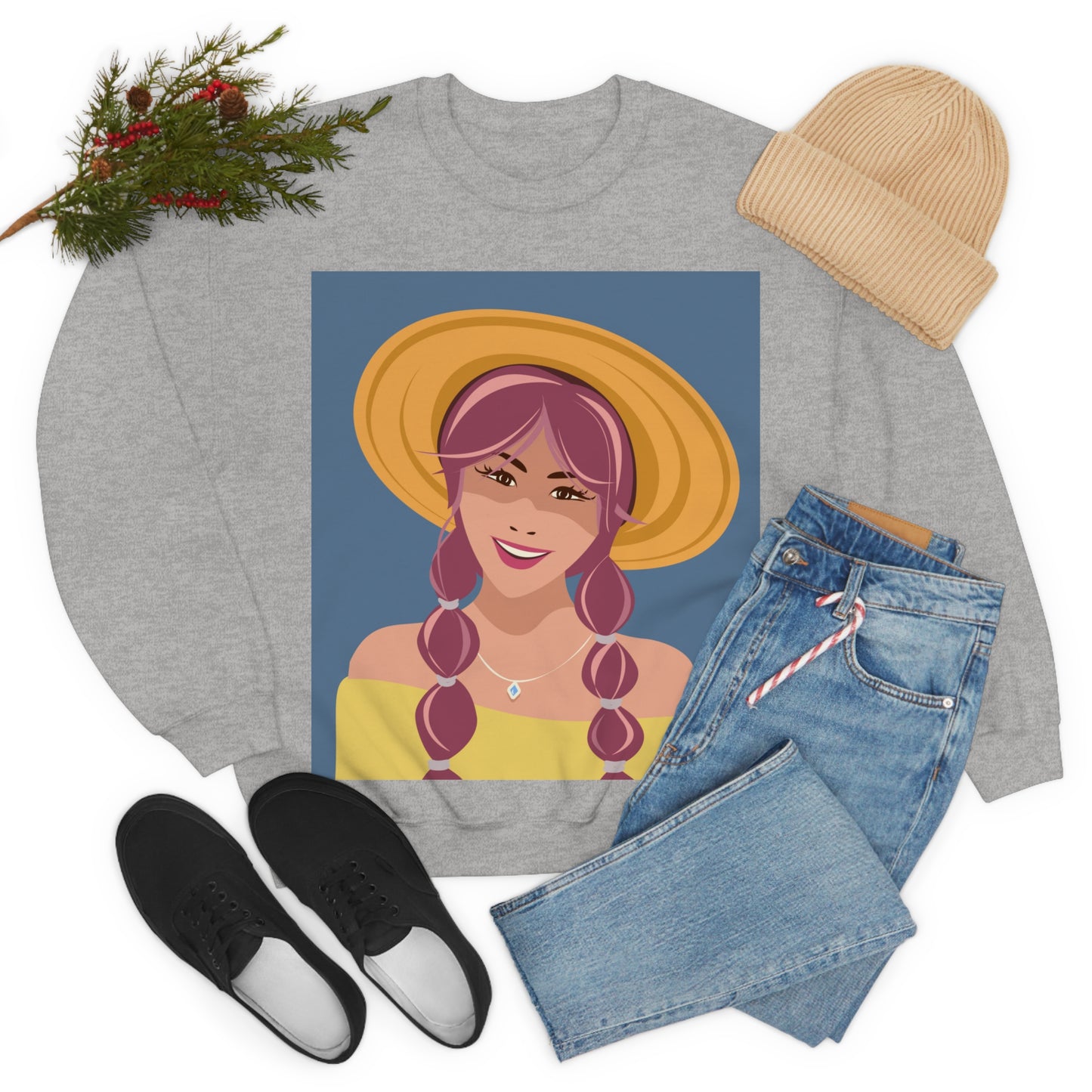 Happy Woman with Rose Hair Aesthetic Art Unisex Heavy Blend™ Crewneck Sweatshirt