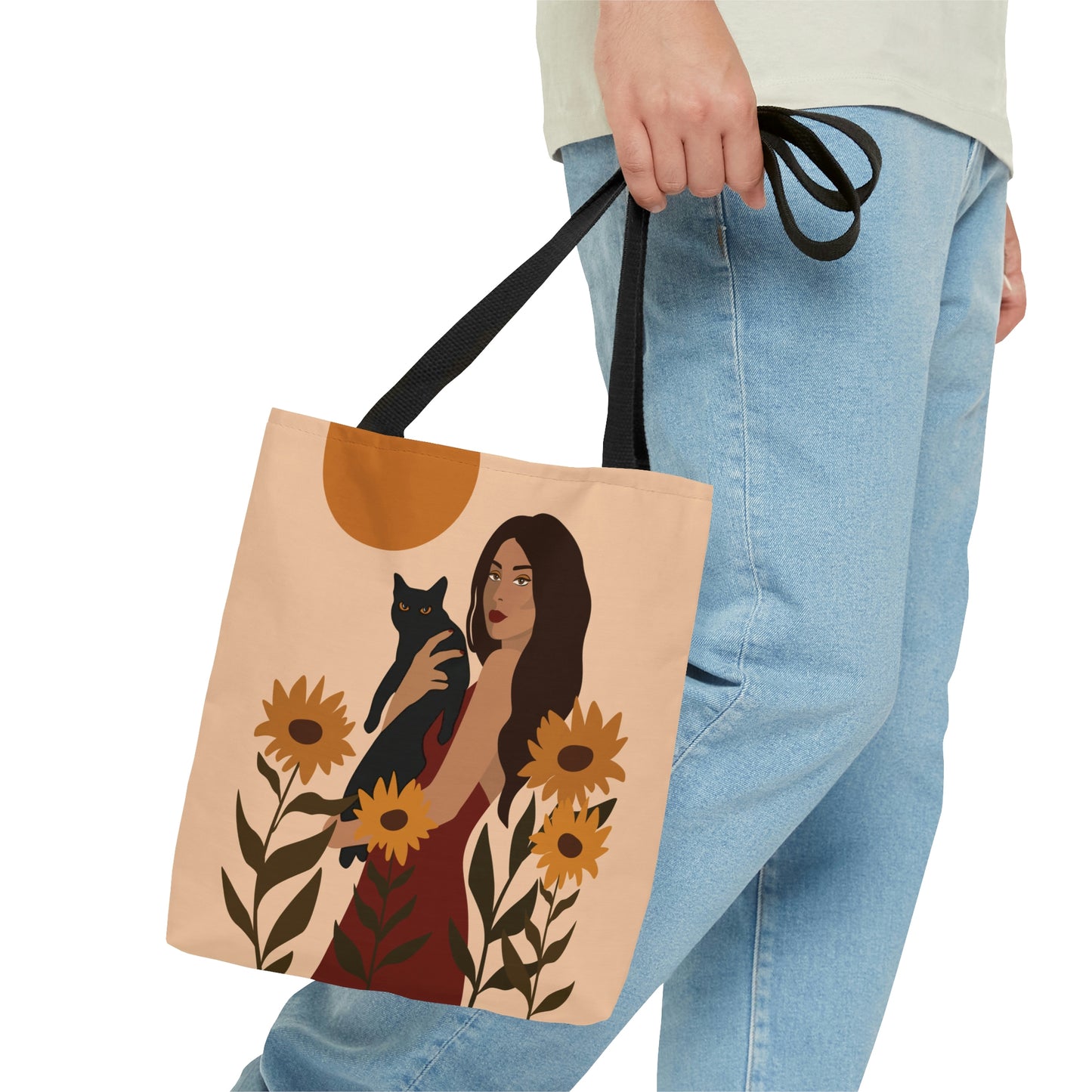 Woman with Black Cat Mininal Sunflowers Aesthetic Art AOP Tote Bag