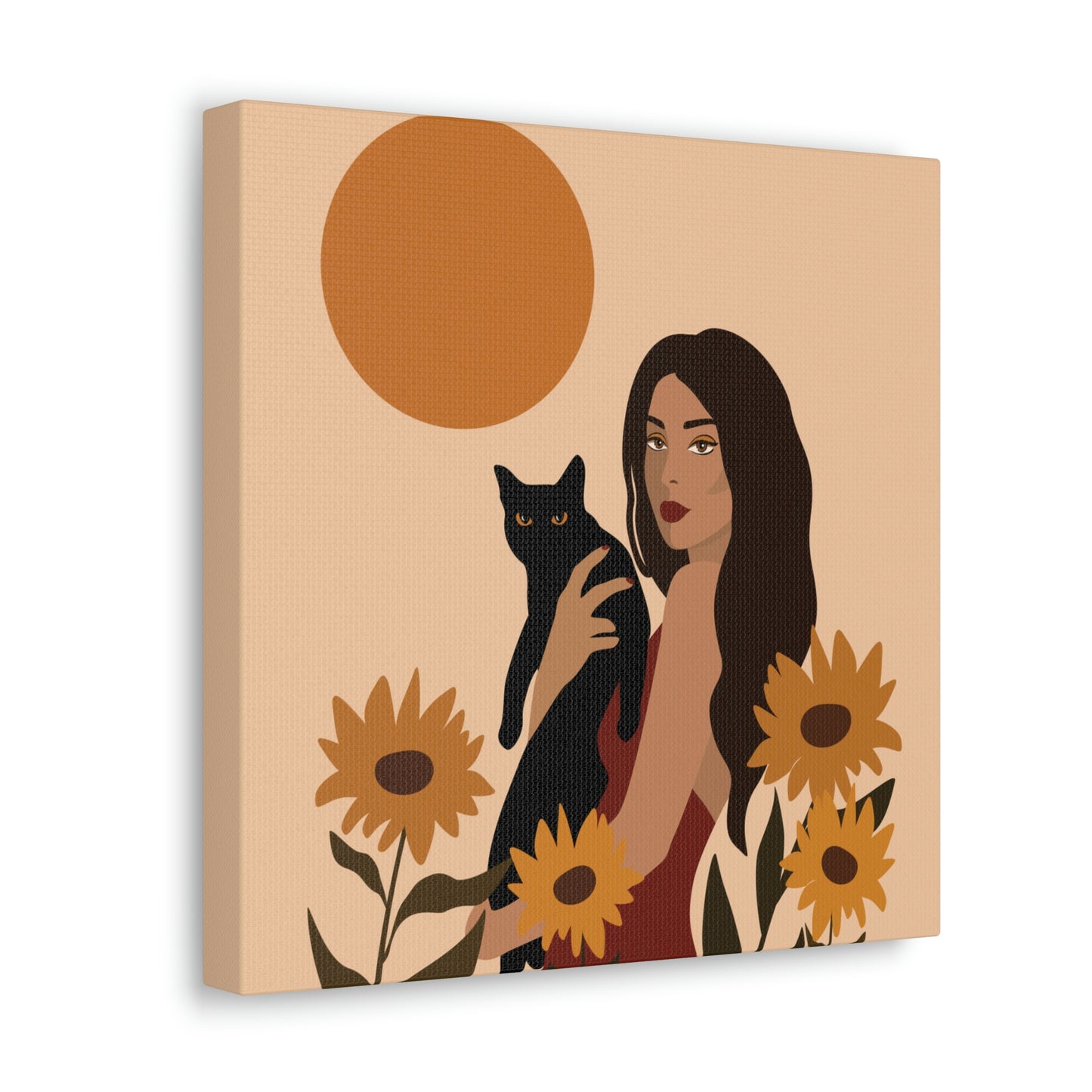 Woman with Black Cat Mininal Sunflowers Aesthetic Art Canvas Gallery Wraps