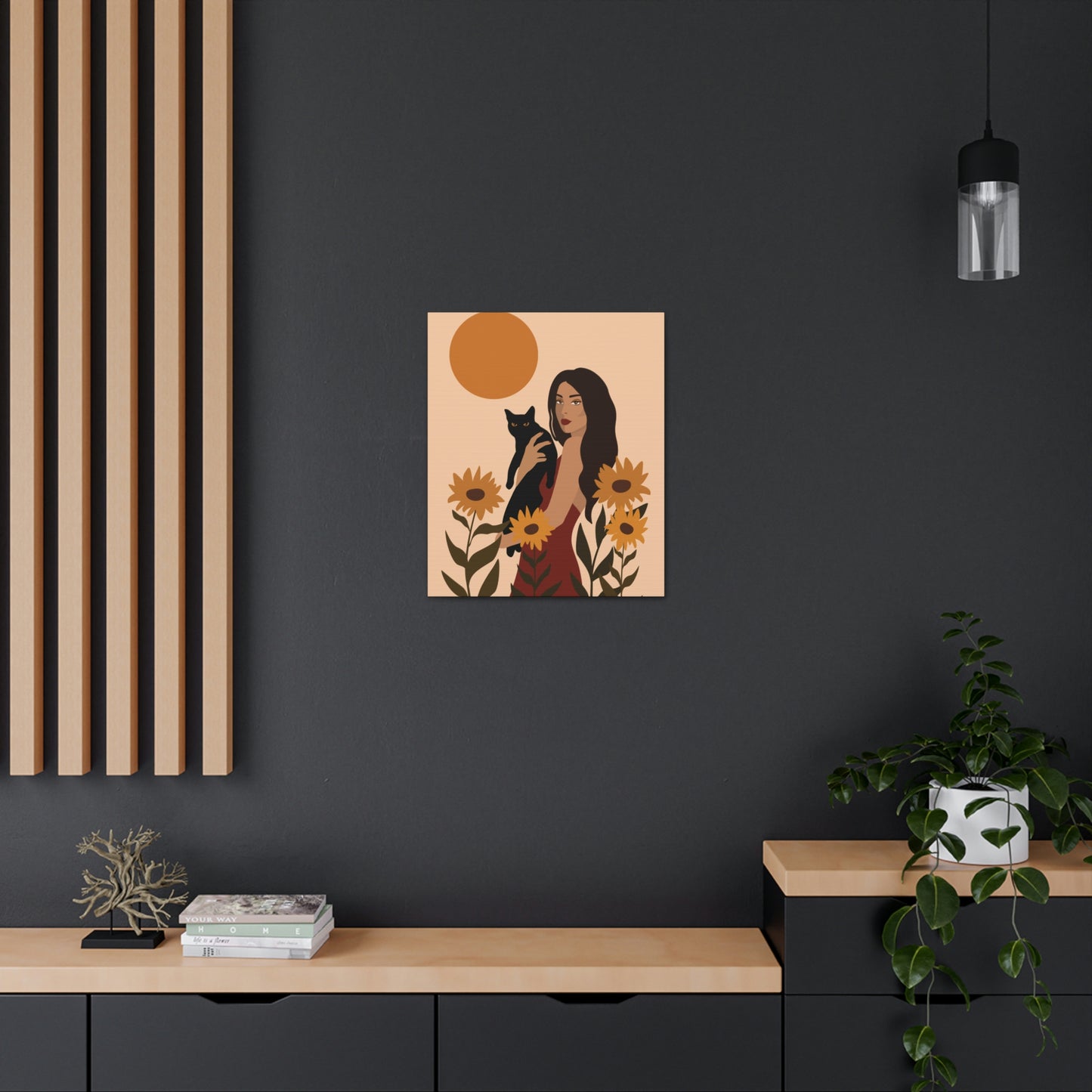 Woman with Black Cat Mininal Sunflowers Aesthetic Art Canvas Gallery Wraps