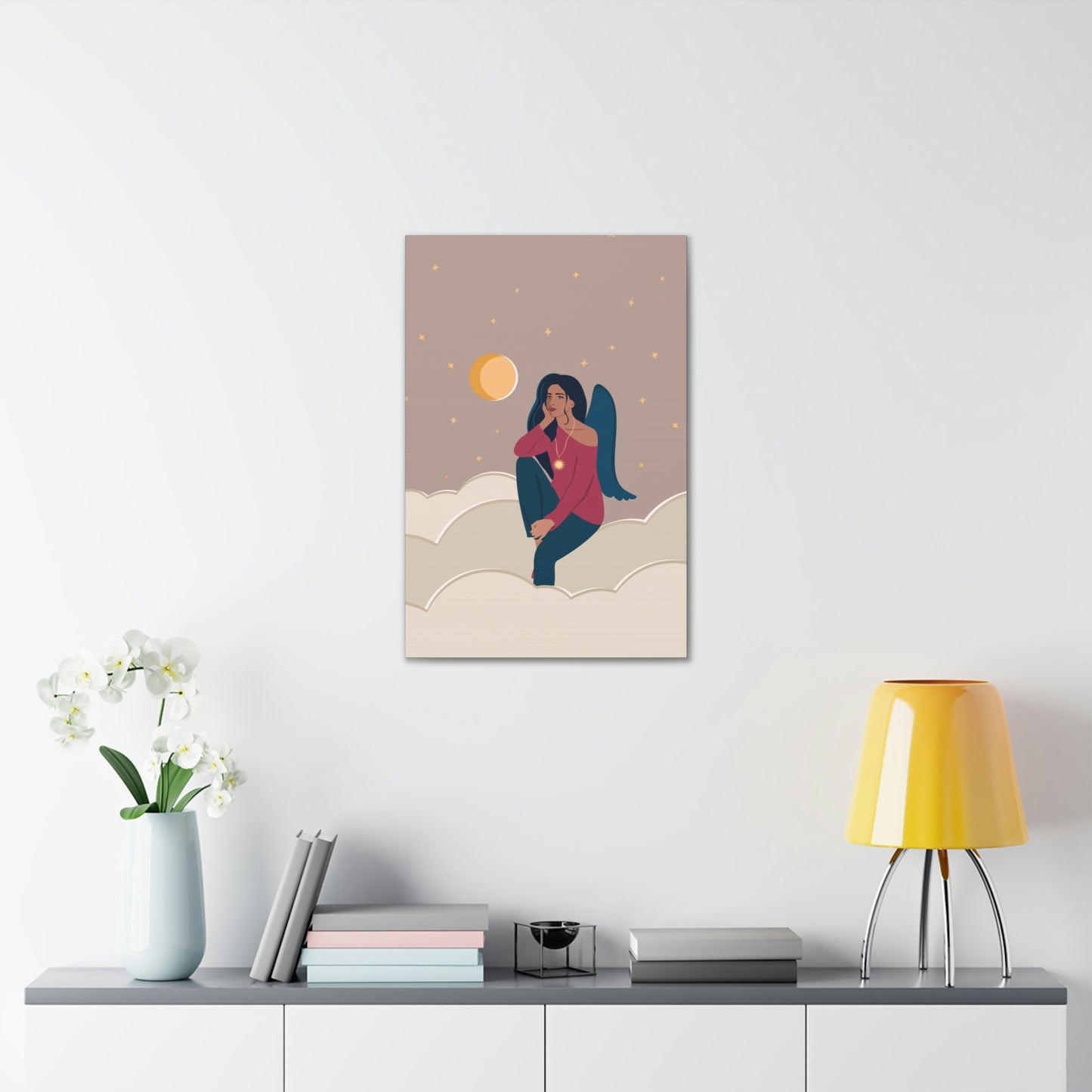 Women Angel Portrait Sitting On Clouds Cartoon Art Canvas Gallery Wraps