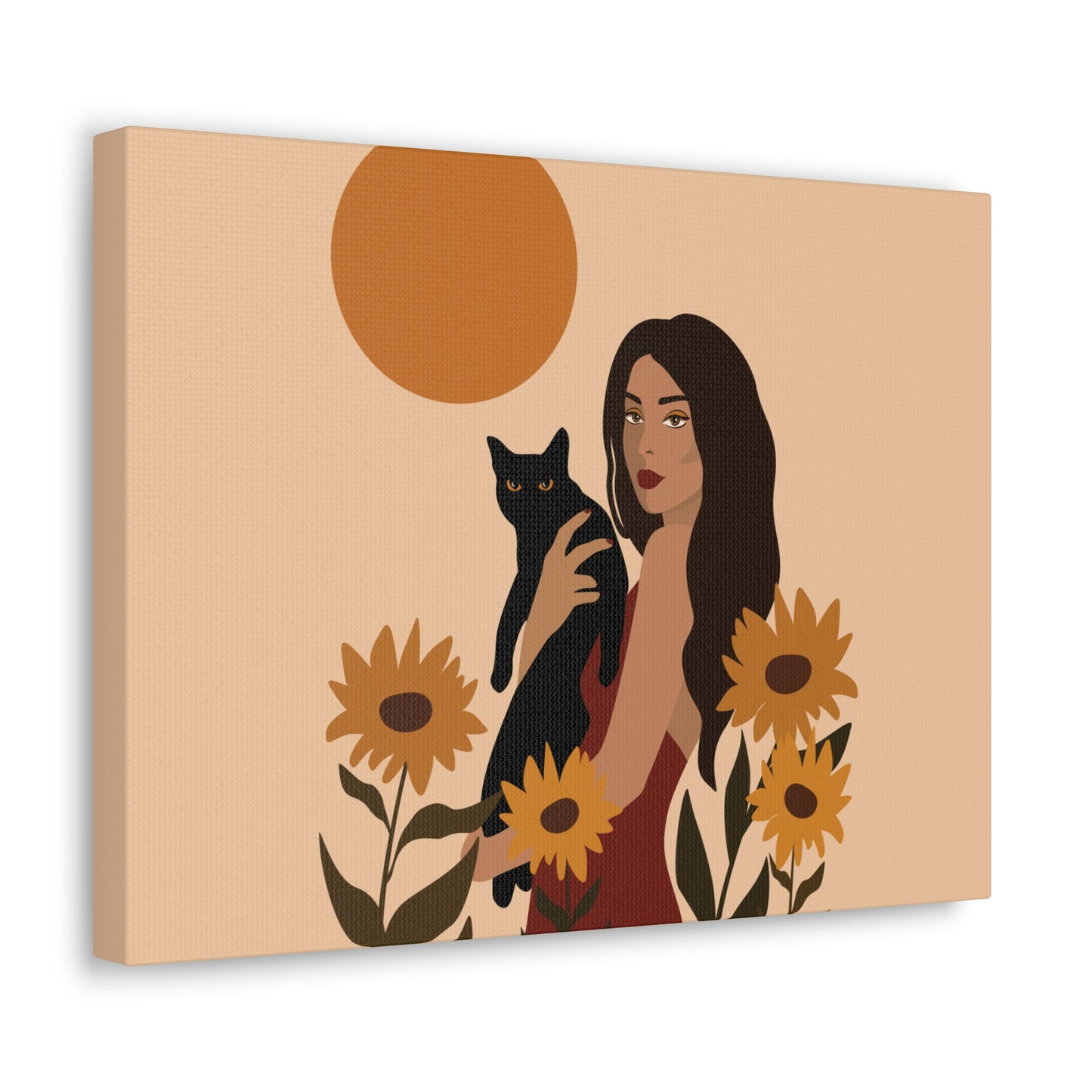 Woman with Black Cat Mininal Sunflowers Aesthetic Art Canvas Gallery Wraps