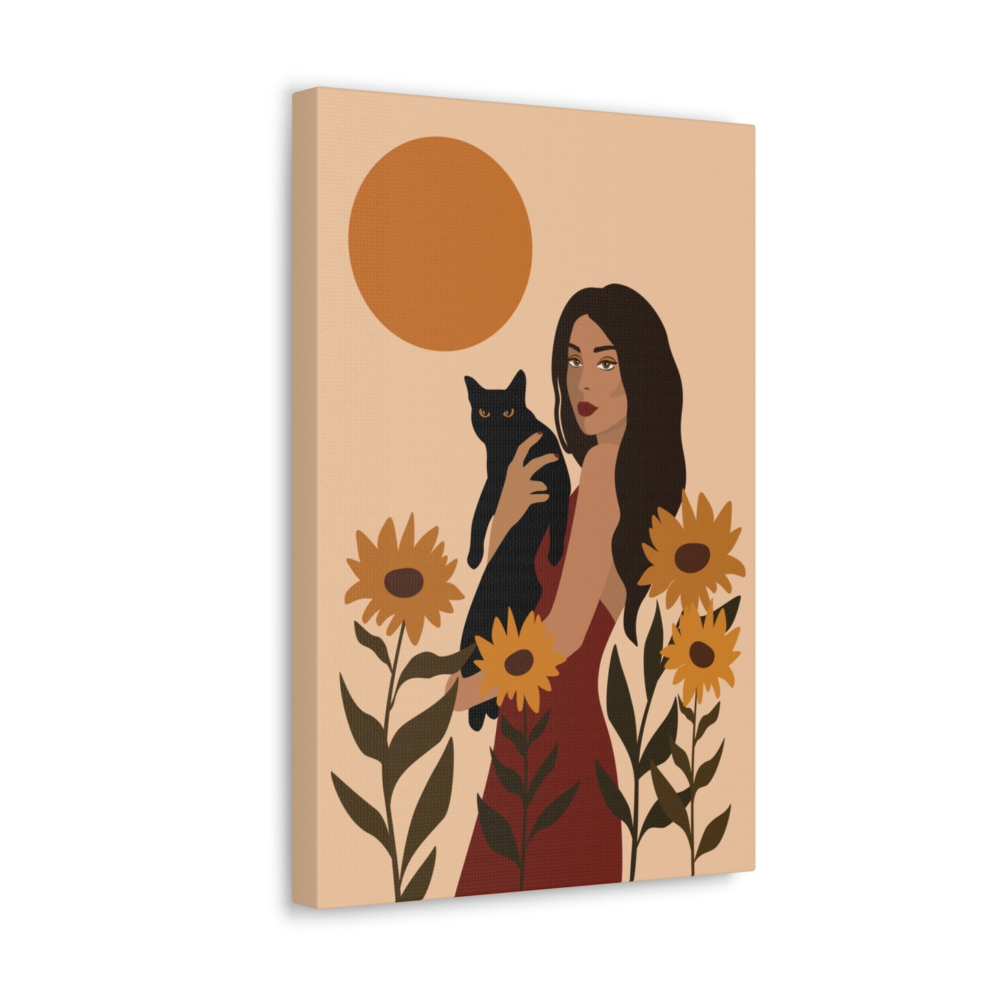 Woman with Black Cat Mininal Sunflowers Aesthetic Art Canvas Gallery Wraps