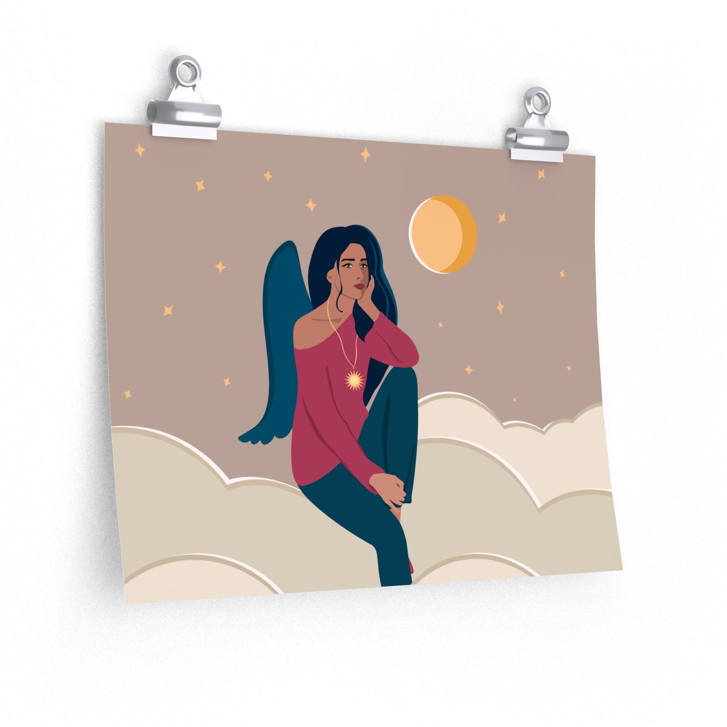 Women Angel Portrait Sitting On Clouds Cartoon Art Classic Premium Matte Horizontal Posters