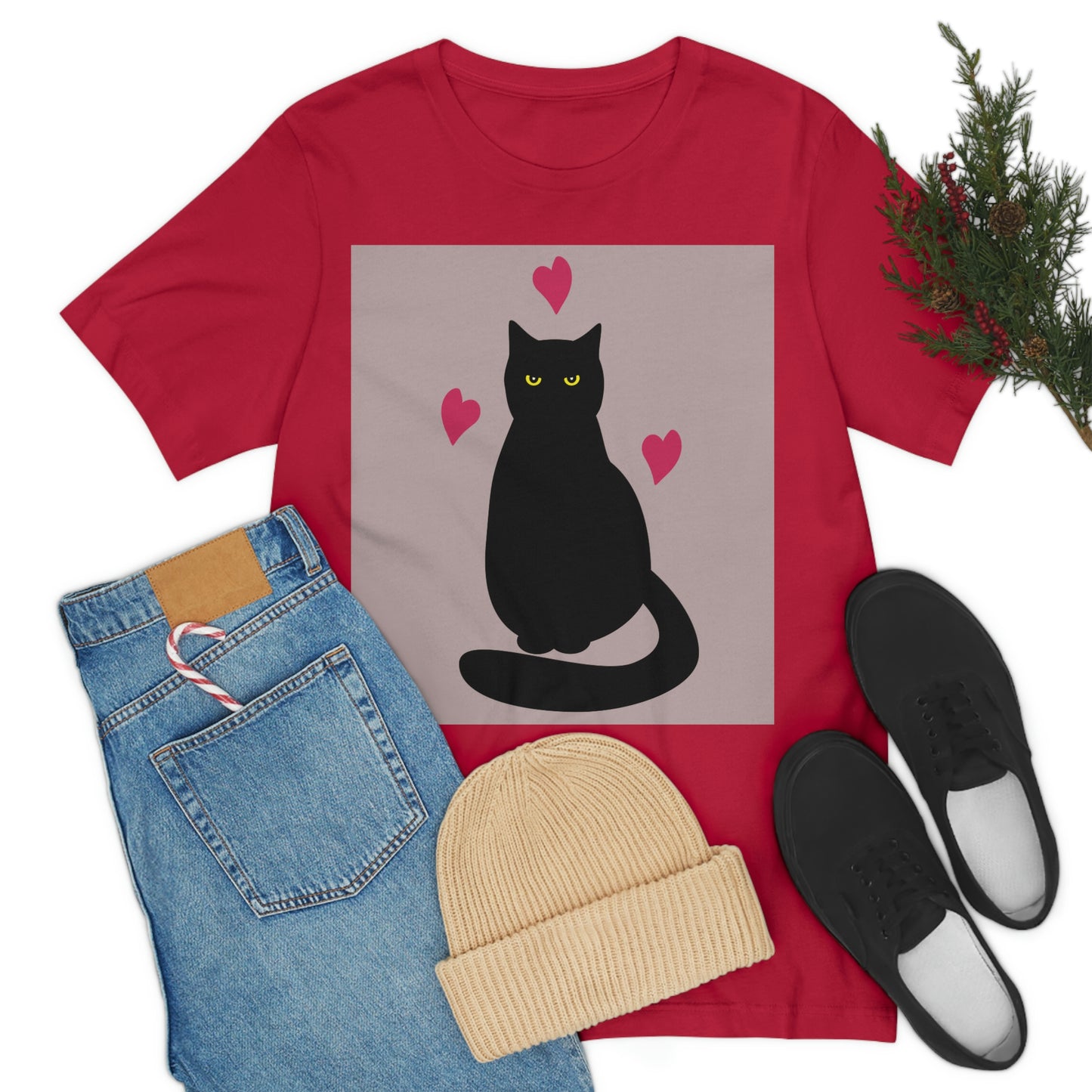 Black Cat with Heart Love Unisex Jersey Short Sleeve T-Shirt