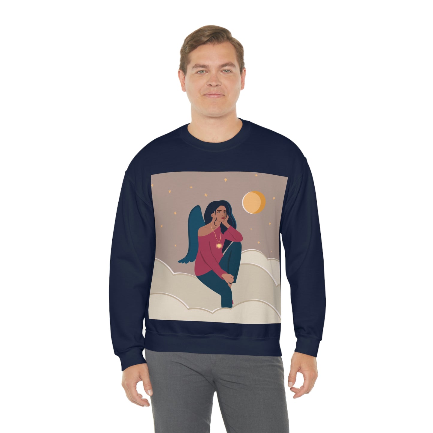 Women Angel Portrait Sitting On Clouds Cartoon Art Unisex Heavy Blend™ Crewneck Sweatshirt