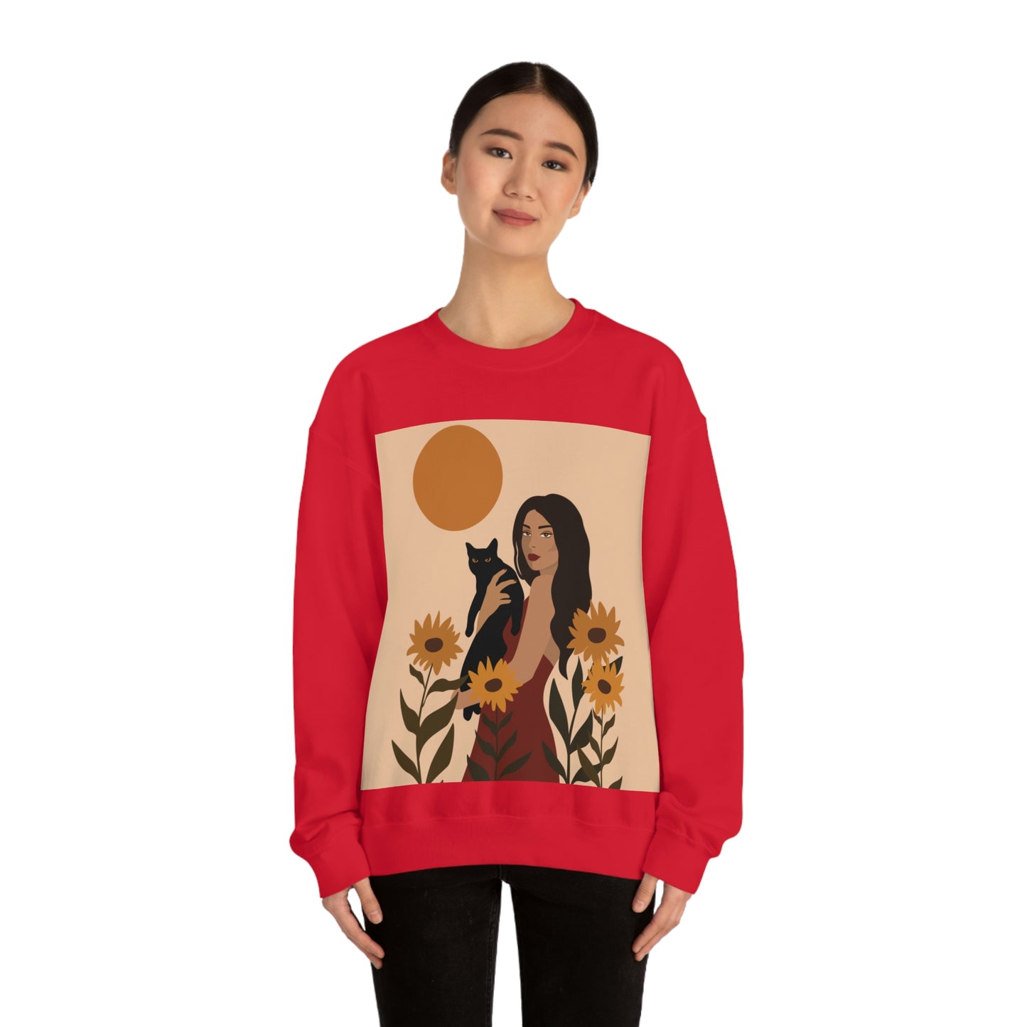 Woman with Black Cat Mininal Sunflowers Aesthetic Art Unisex Heavy Blend™ Crewneck Sweatshirt